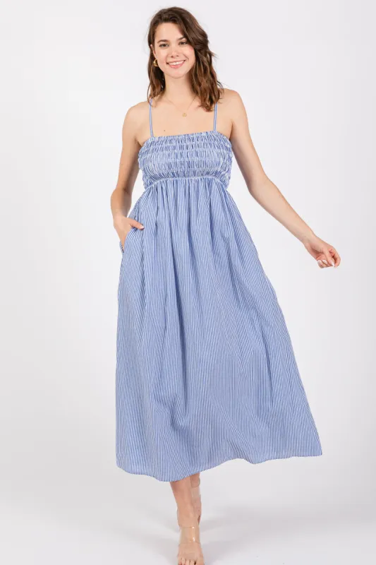 Blue Bartlett Striped Smocked Midi Dress sold by Pinkblush