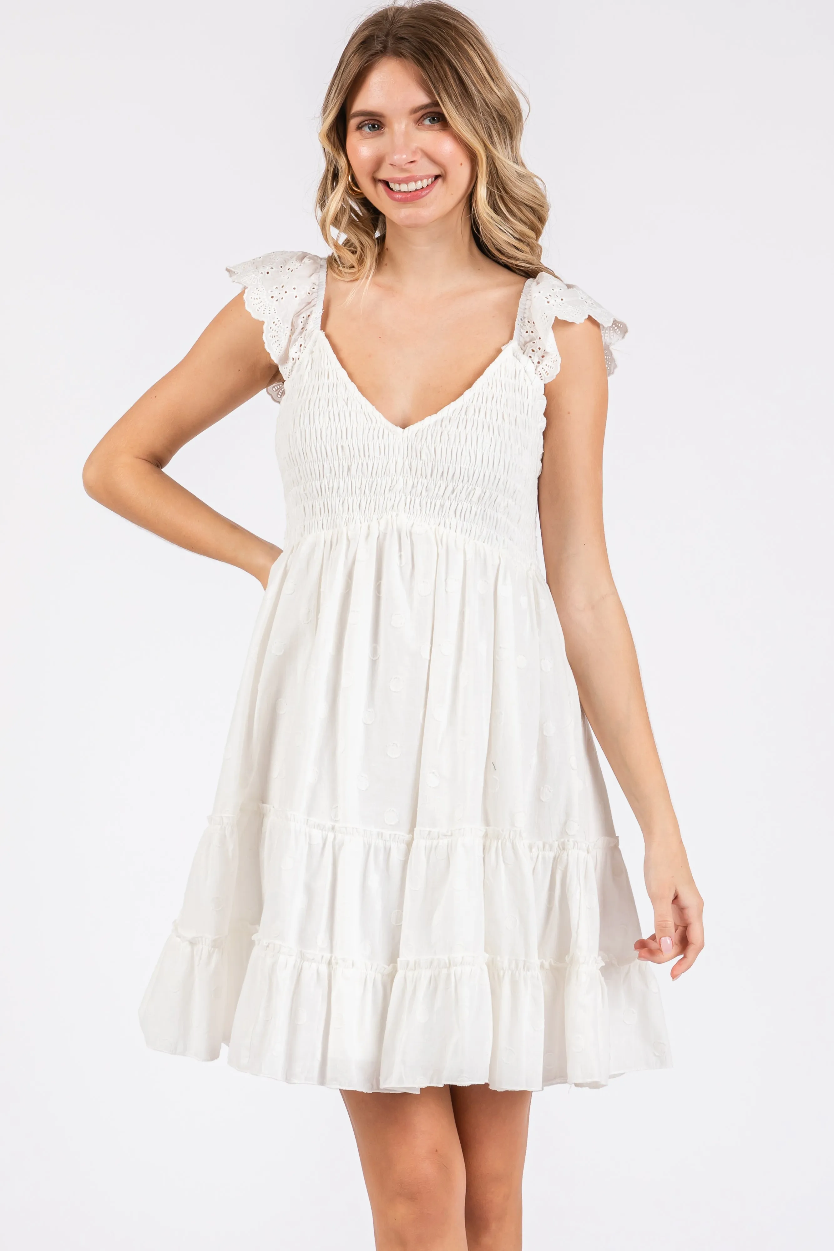 White Textured Polka Dot Eyelet Shoulder V-Neck Dress sold by Pinkblush product image thumbnail 2