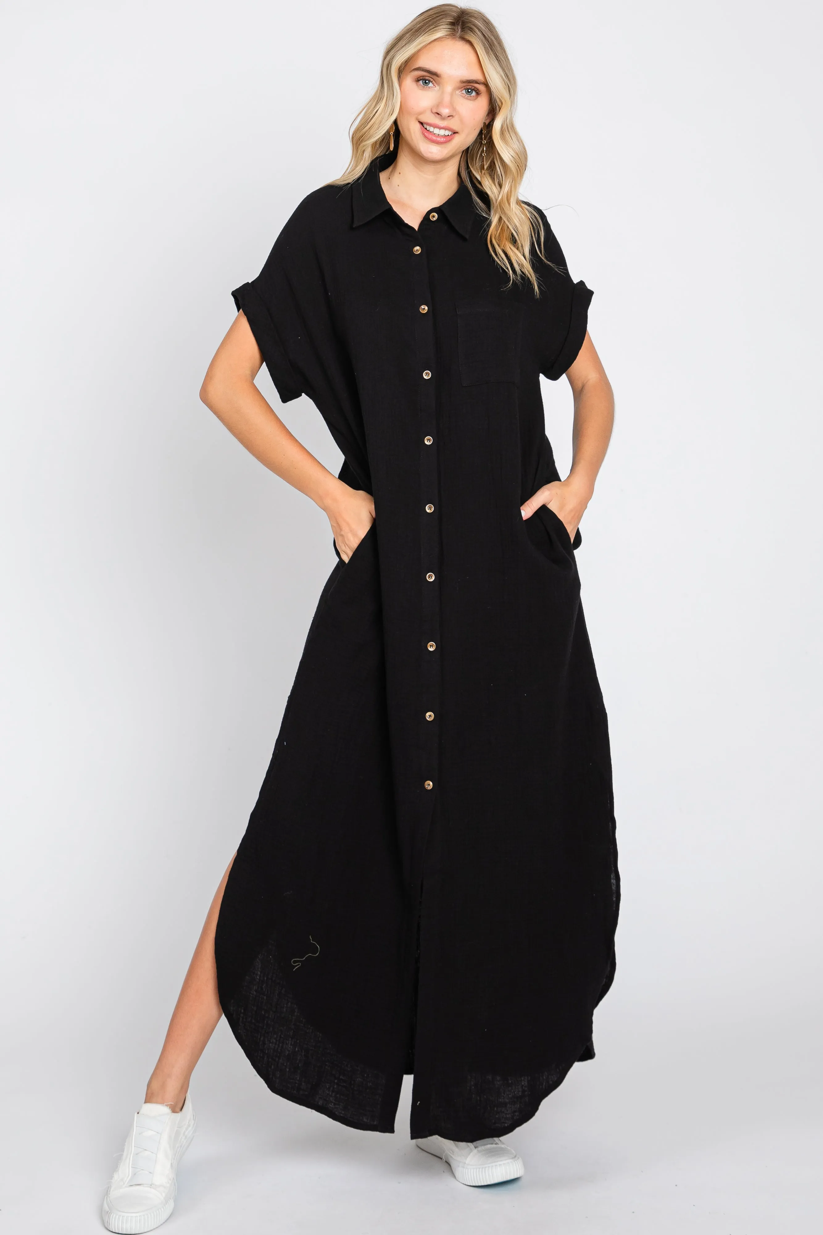 Black Button Down Midi Dress sold by Pinkblush