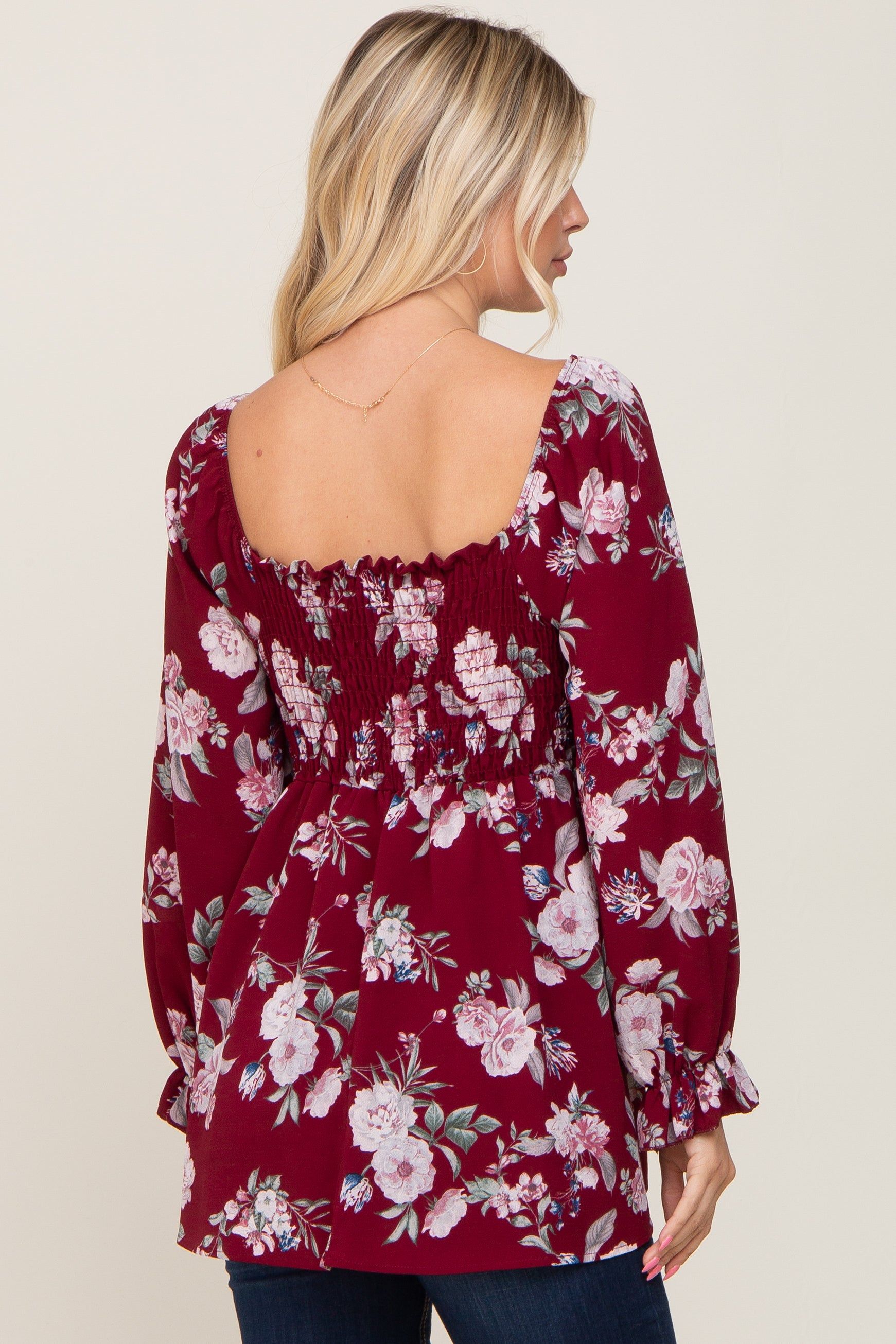 Burgundy Floral Smocked Long Sleeve Blouse sold by Pinkblush product image thumbnail 3