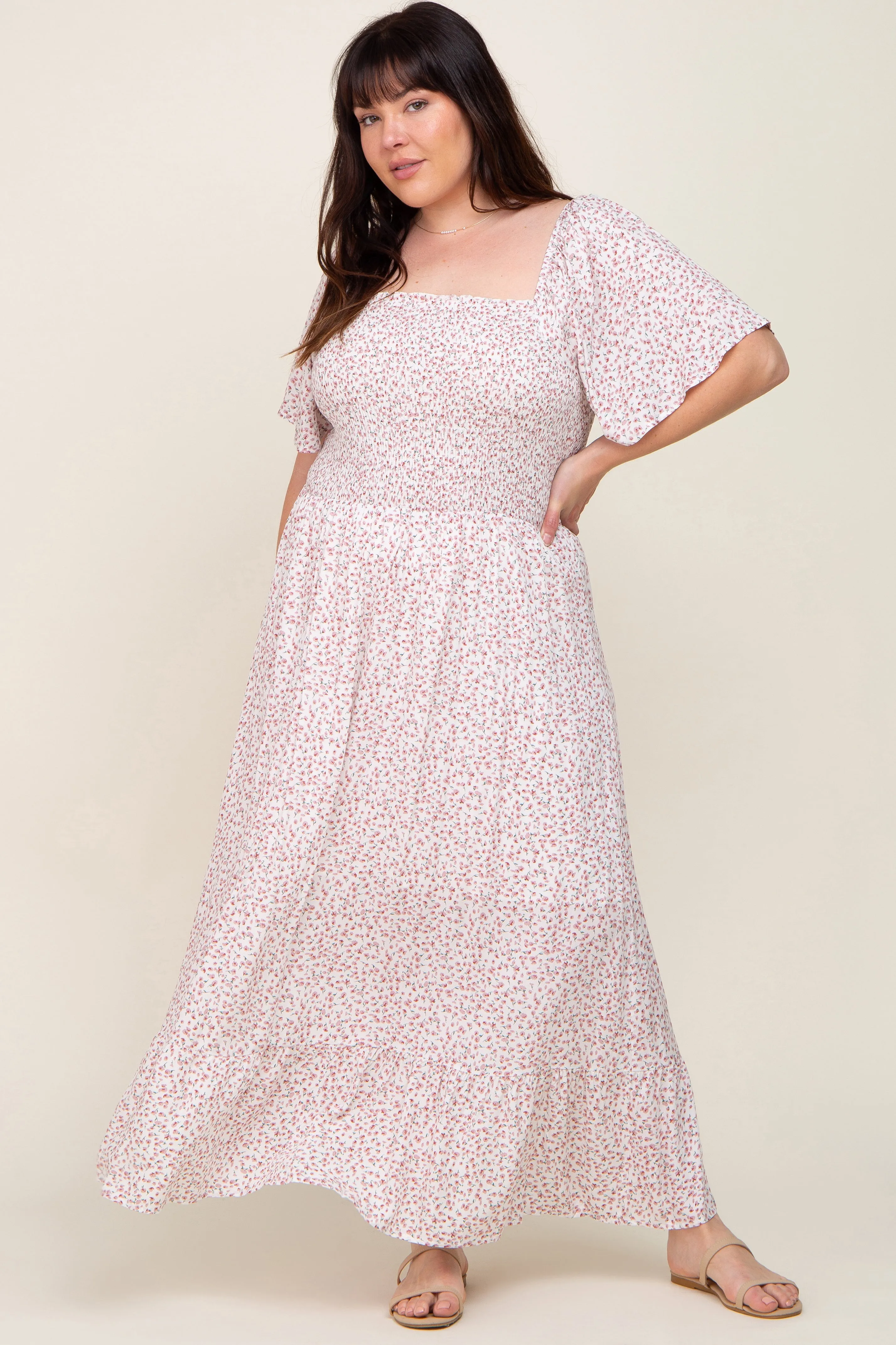 Ivory Floral Smocked Flounce Sleeve Plus Maxi Dress sold by Pinkblush