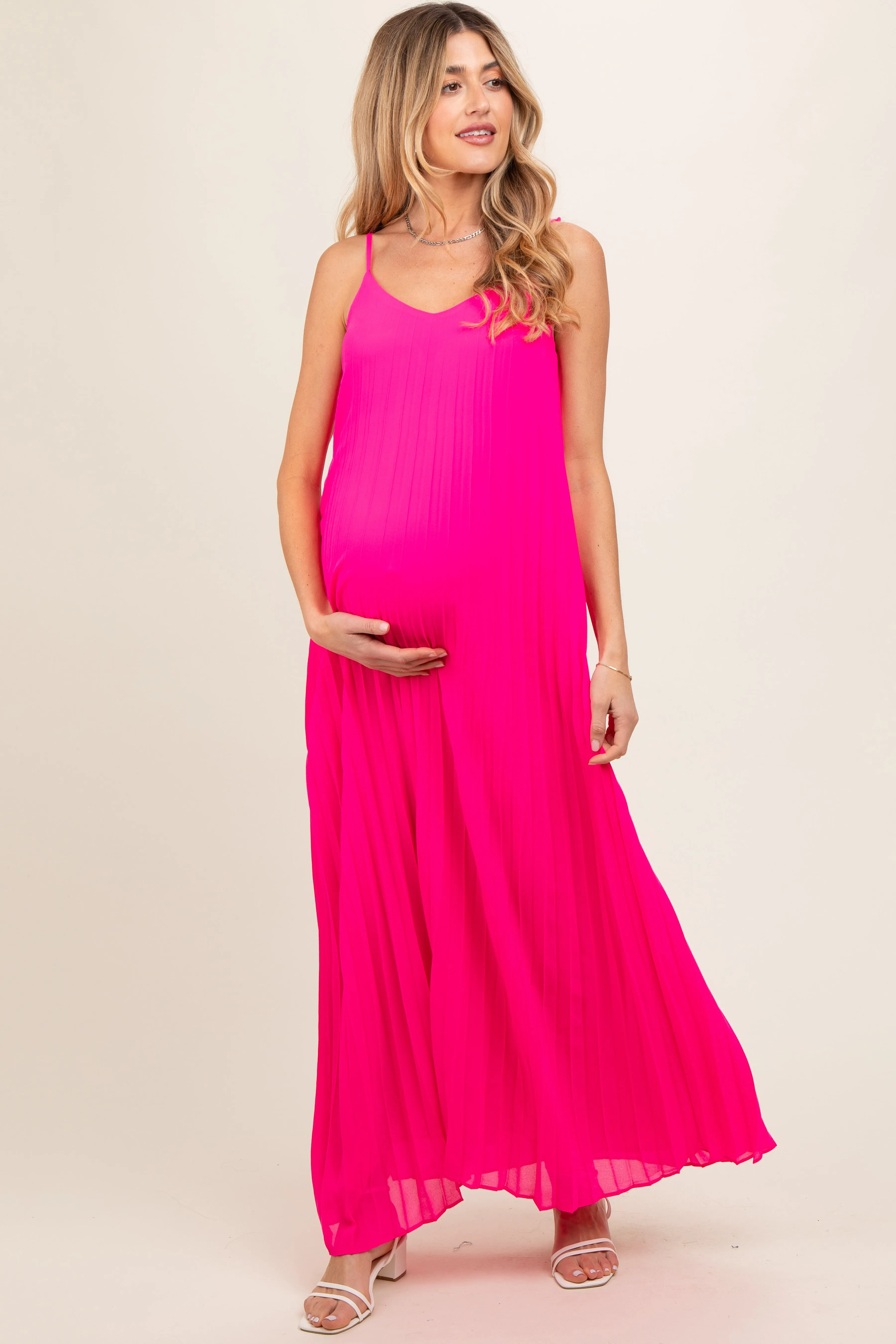 Fuchsia Pleated Sleeveless Maternity Maxi Dress sold by Pinkblush product image thumbnail 3