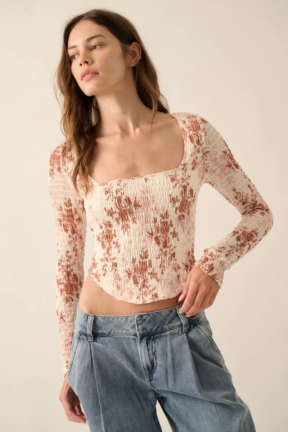 Cream Floral Scoop-Neck Ruched Woven Top sold by Pinkblush product image thumbnail 2
