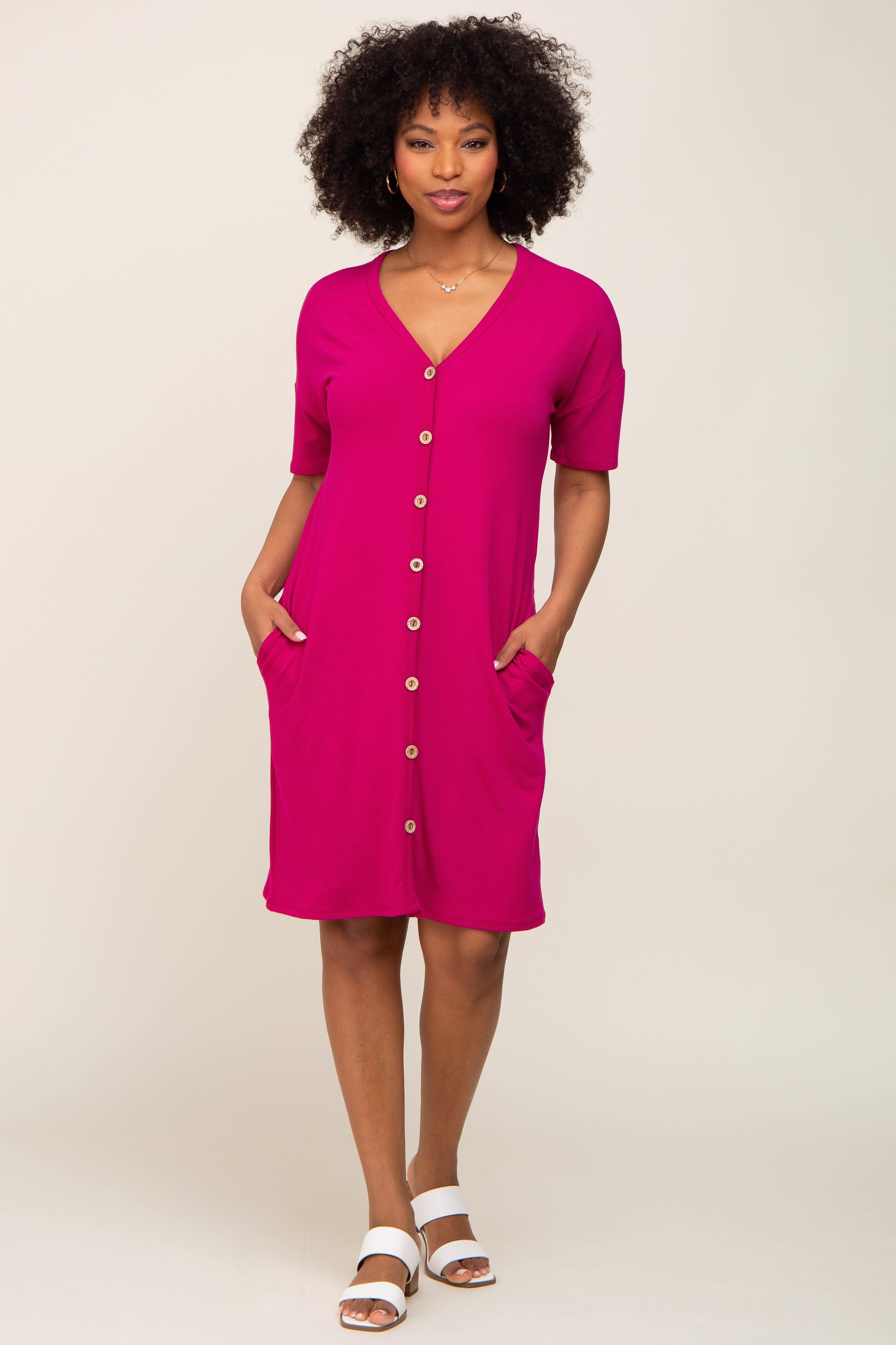 Magenta Button Accent Short Sleeve Dress sold by Pinkblush