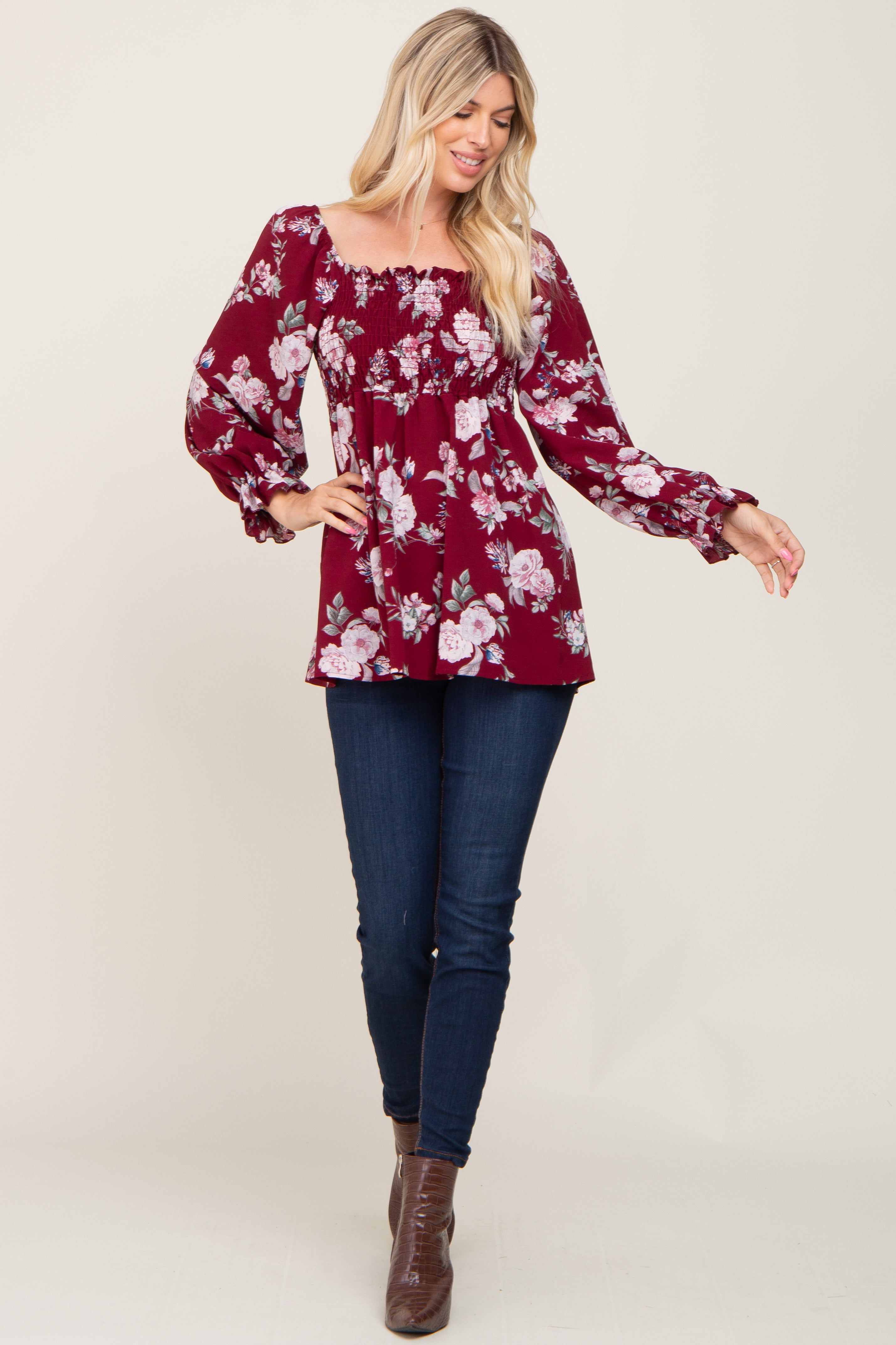 Burgundy Floral Smocked Long Sleeve Blouse sold by Pinkblush product image thumbnail 4