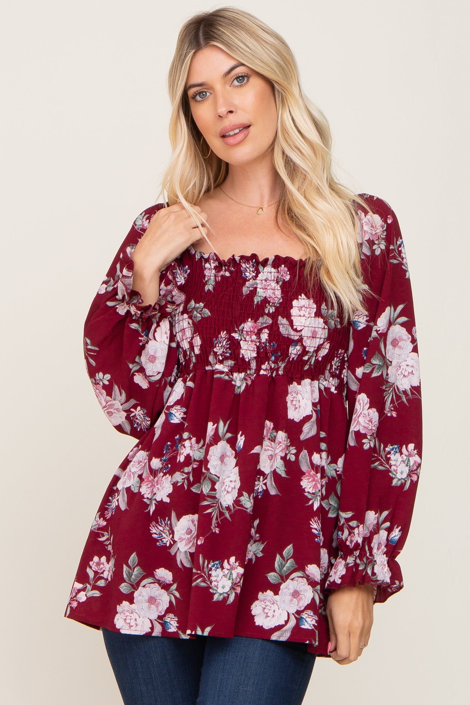 Burgundy Floral Smocked Long Sleeve Blouse sold by Pinkblush