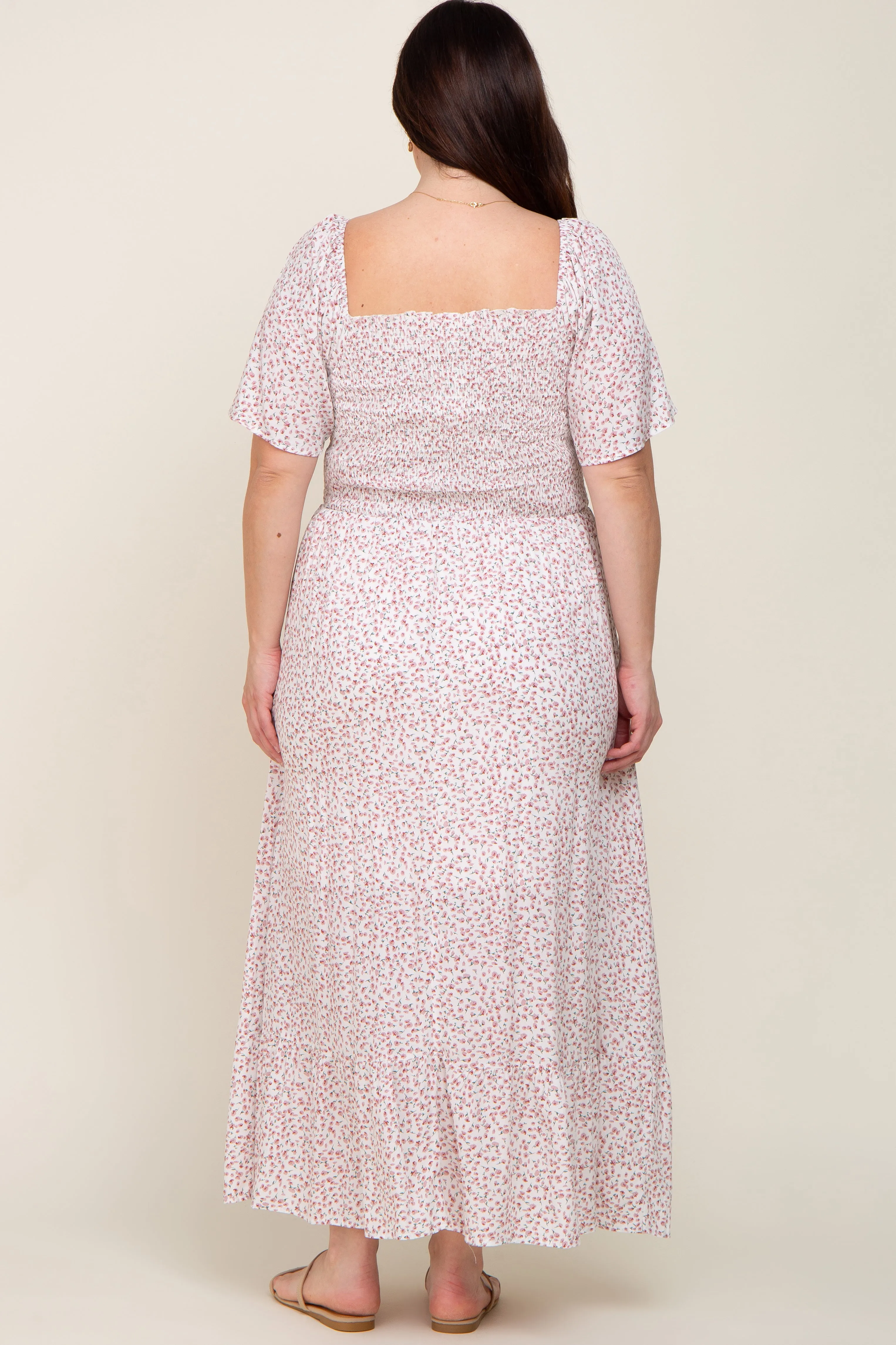 Ivory Floral Smocked Flounce Sleeve Plus Maxi Dress sold by Pinkblush product image thumbnail 3