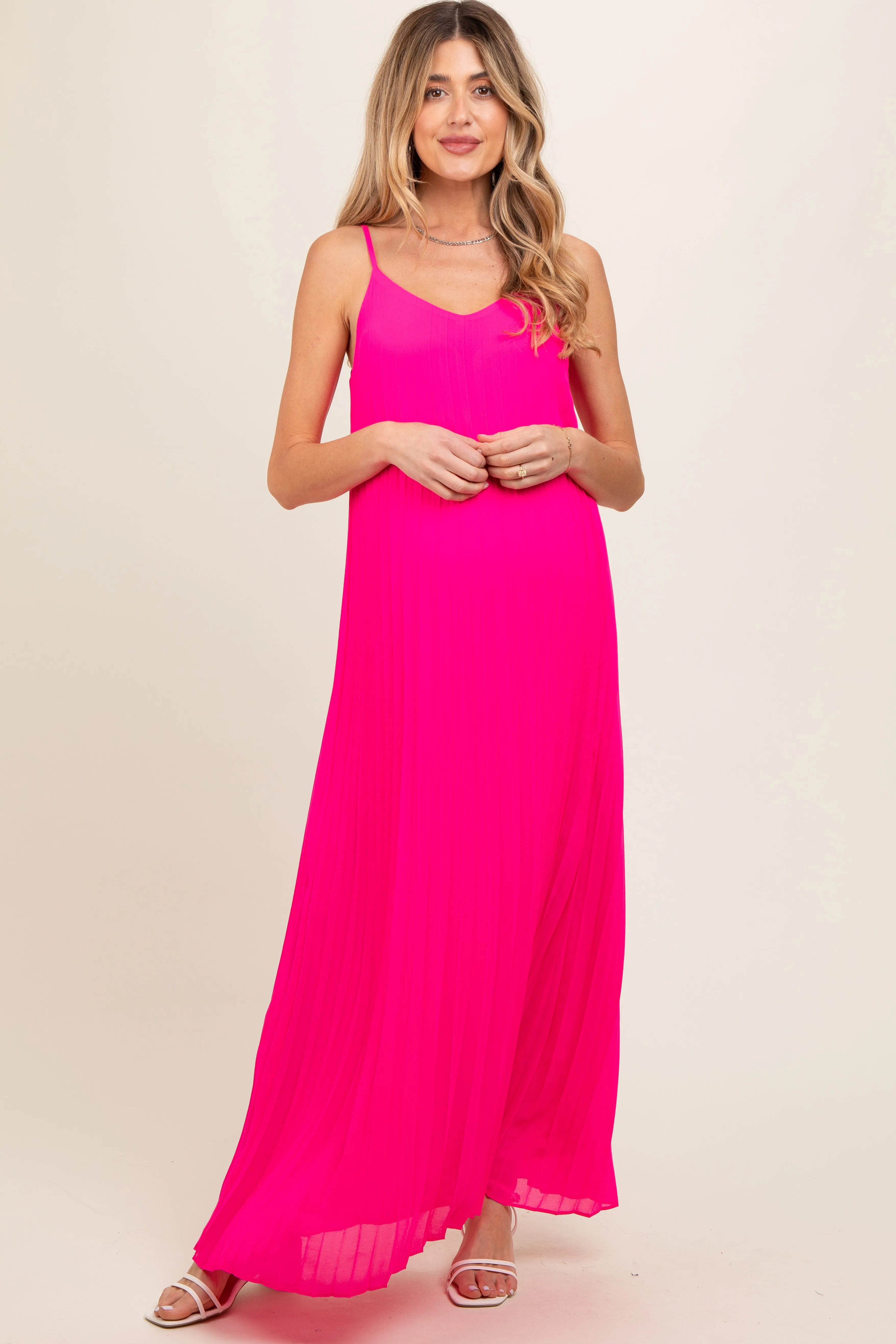 Fuchsia Pleated Sleeveless Maternity Maxi Dress sold by Pinkblush
