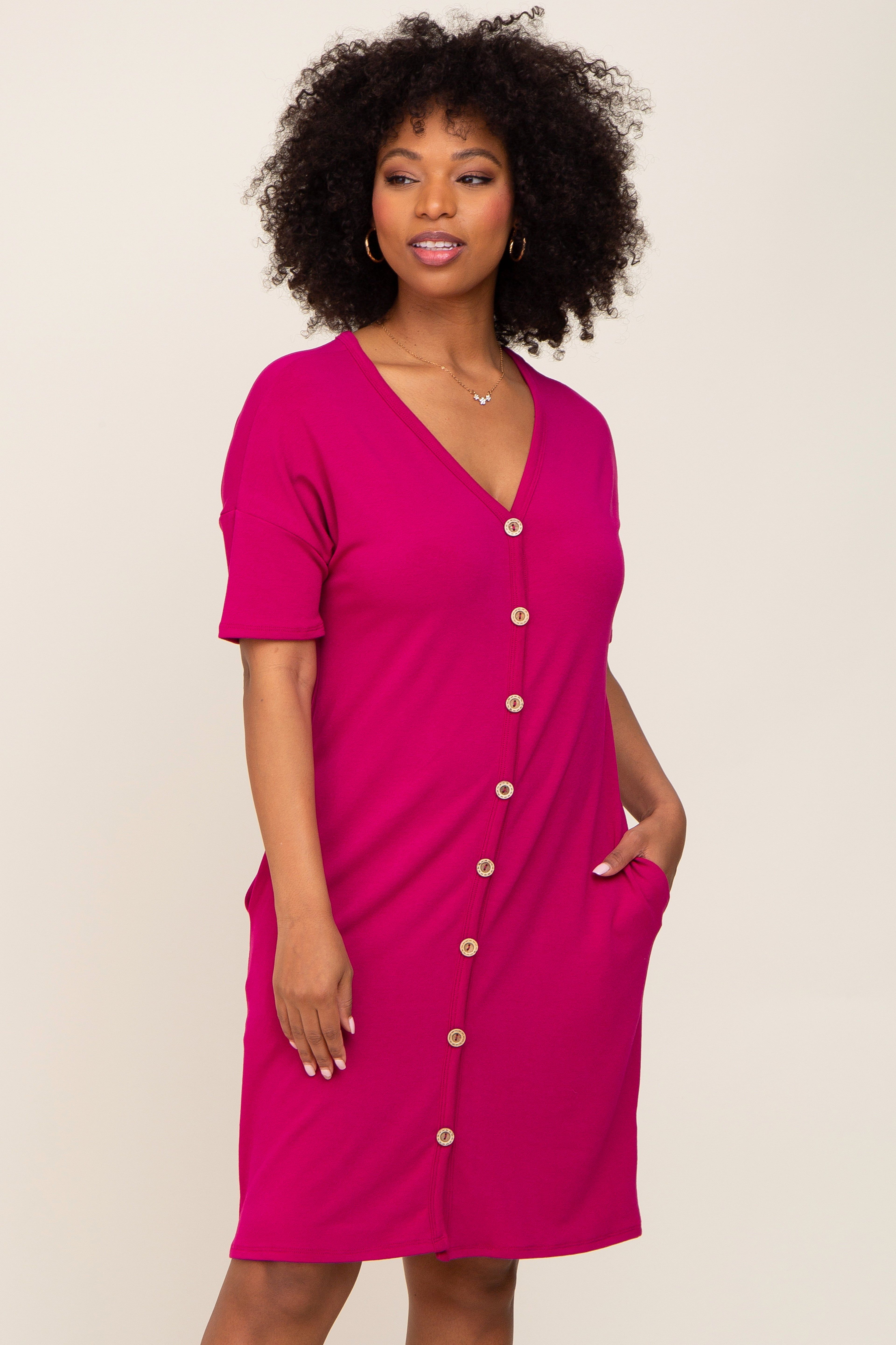 Magenta Button Accent Short Sleeve Dress sold by Pinkblush product image thumbnail 2