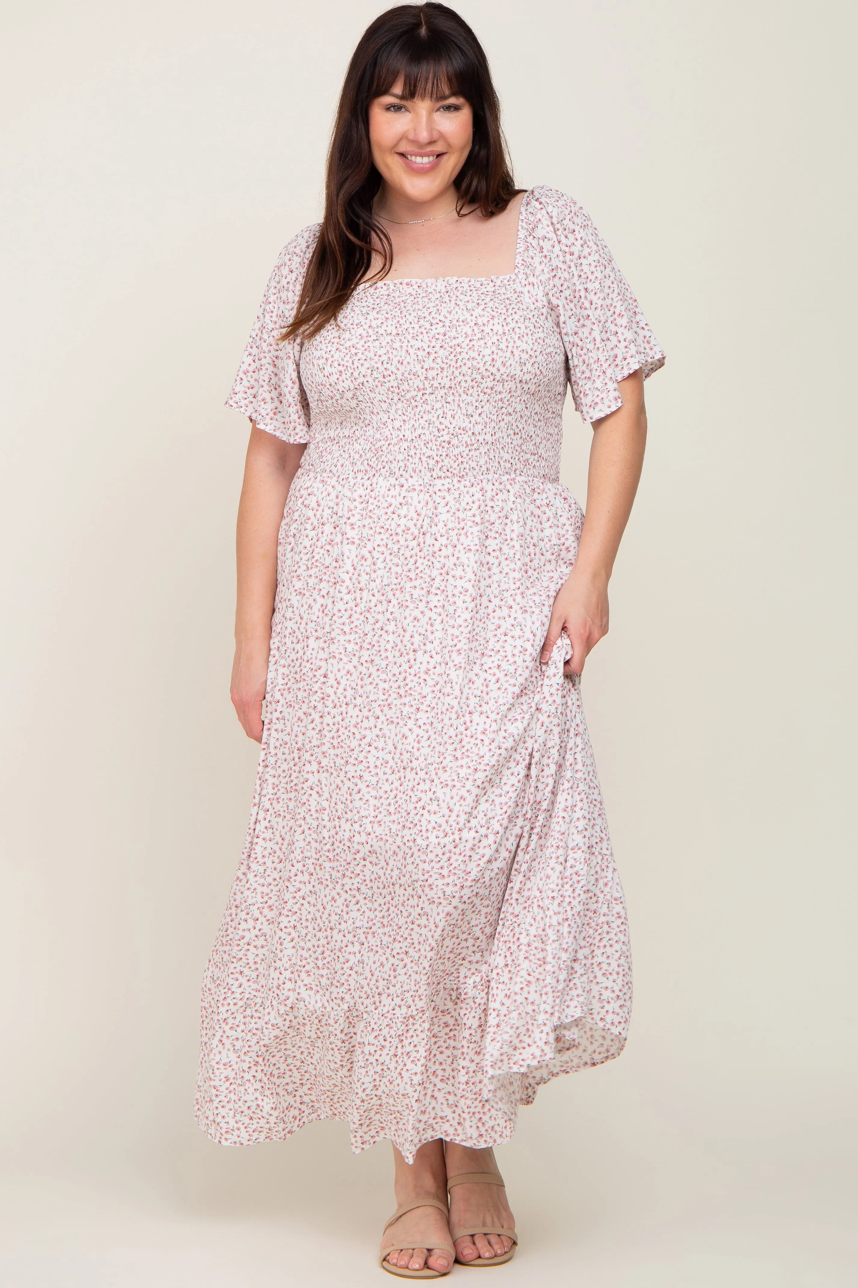 Ivory Floral Smocked Flounce Sleeve Plus Maxi Dress sold by Pinkblush product image thumbnail 4