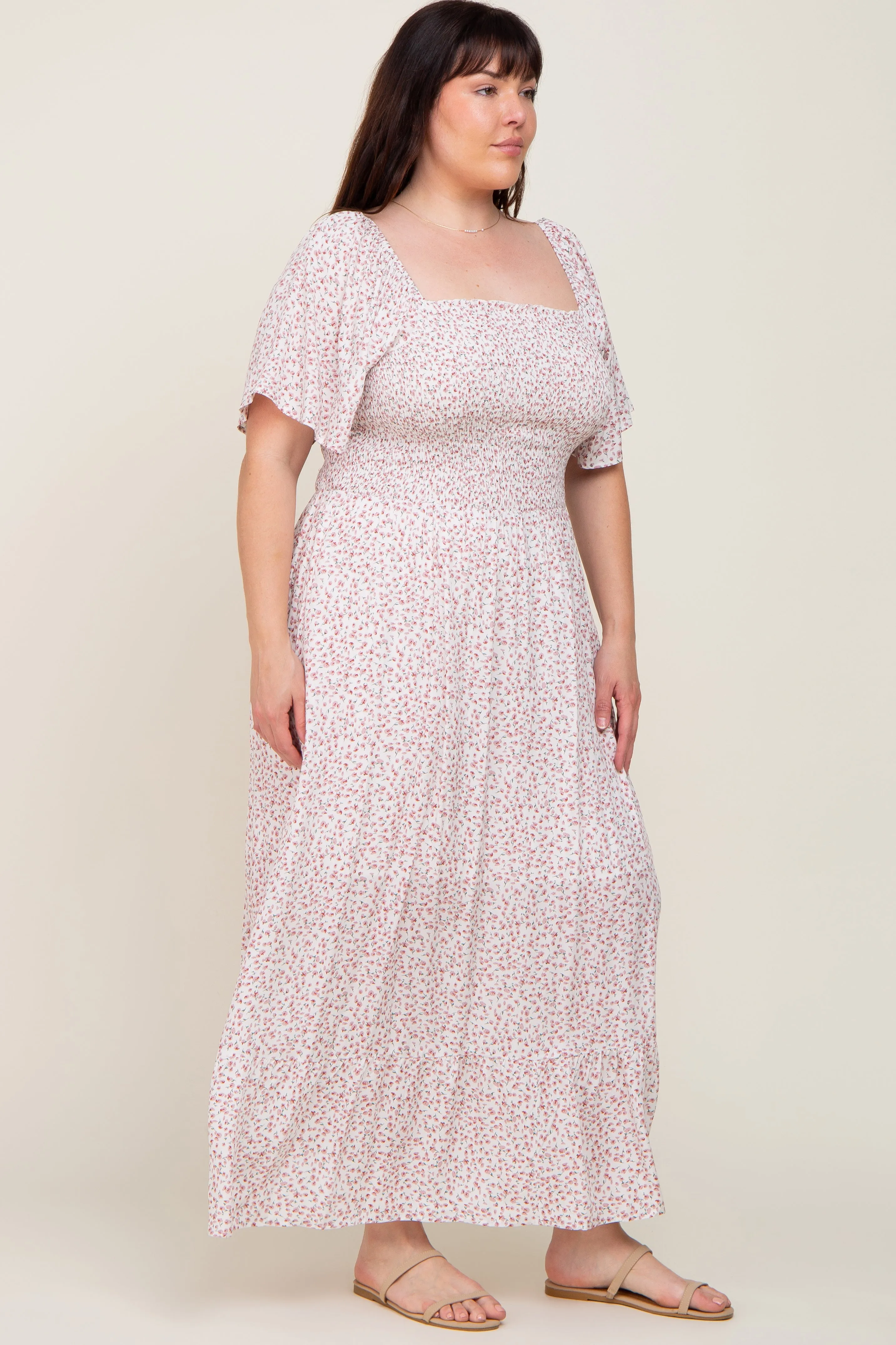 Ivory Floral Smocked Flounce Sleeve Plus Maxi Dress sold by Pinkblush product image thumbnail 2