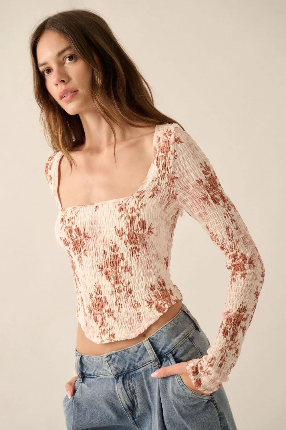 Cream Floral Scoop-Neck Ruched Woven Top sold by Pinkblush product image thumbnail 4