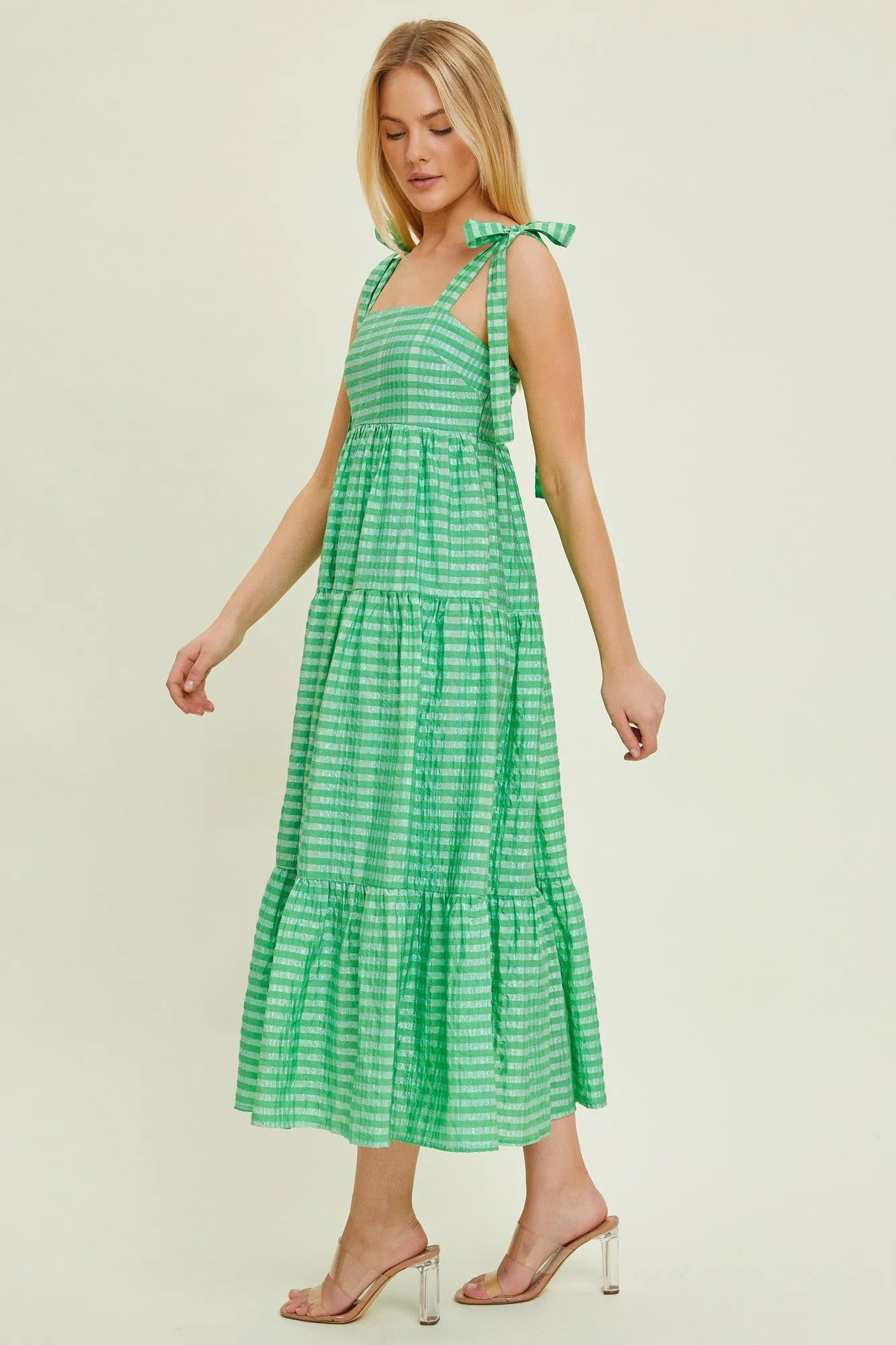 Green Gingham Shoulder Tie Dress sold by Pinkblush product image thumbnail 2