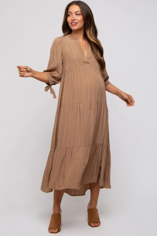 Camel Striped Tiered Maternity Midi Dress sold by Pinkblush
