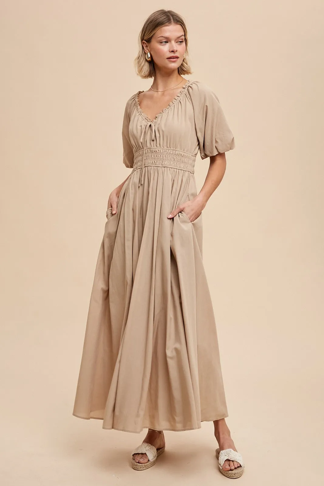 Taupe Smocked Puff Sleeve Maternity Maxi Dress sold by Pinkblush product image thumbnail 4