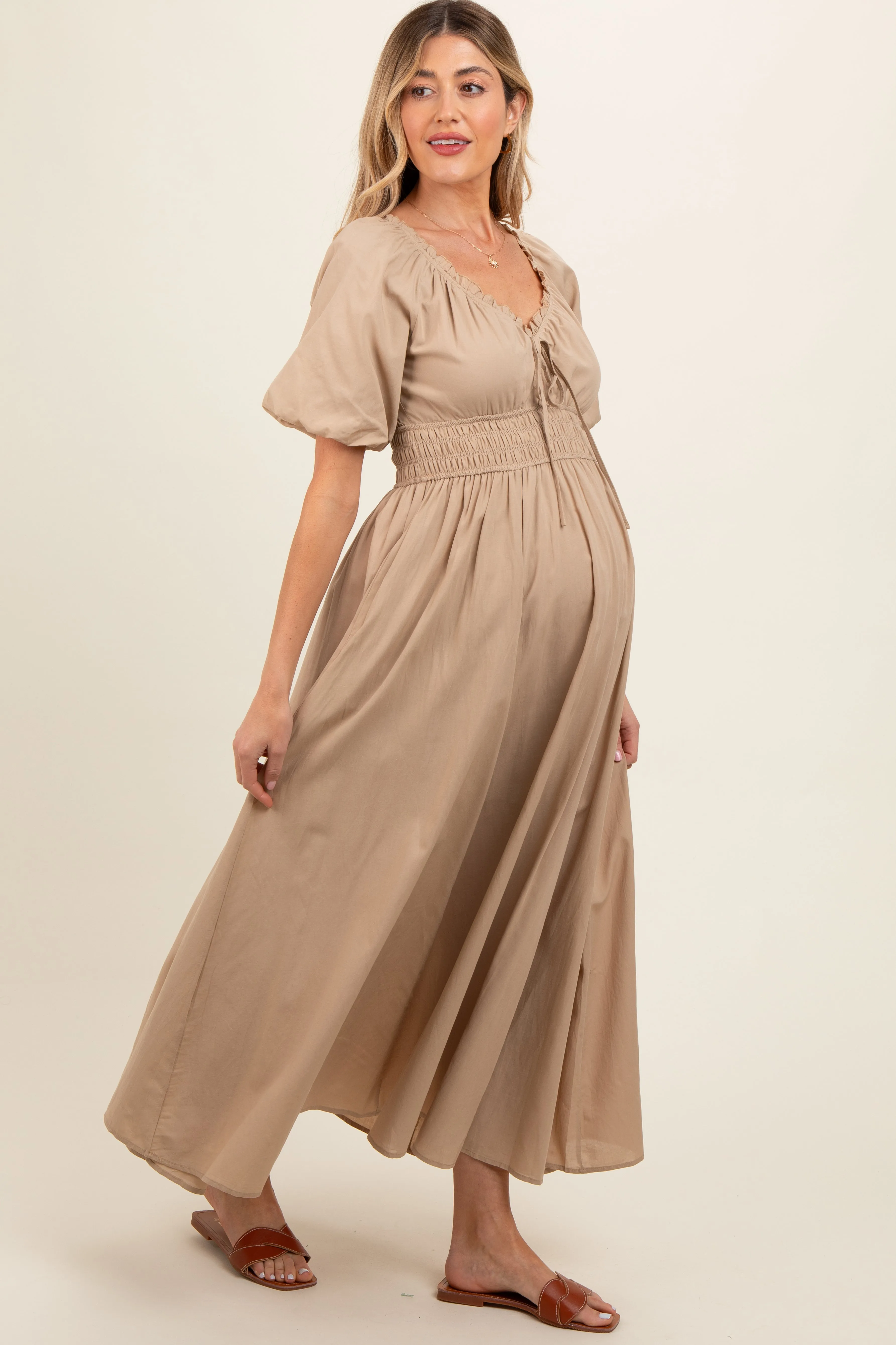 Taupe Smocked Puff Sleeve Maternity Maxi Dress sold by Pinkblush product image thumbnail 2