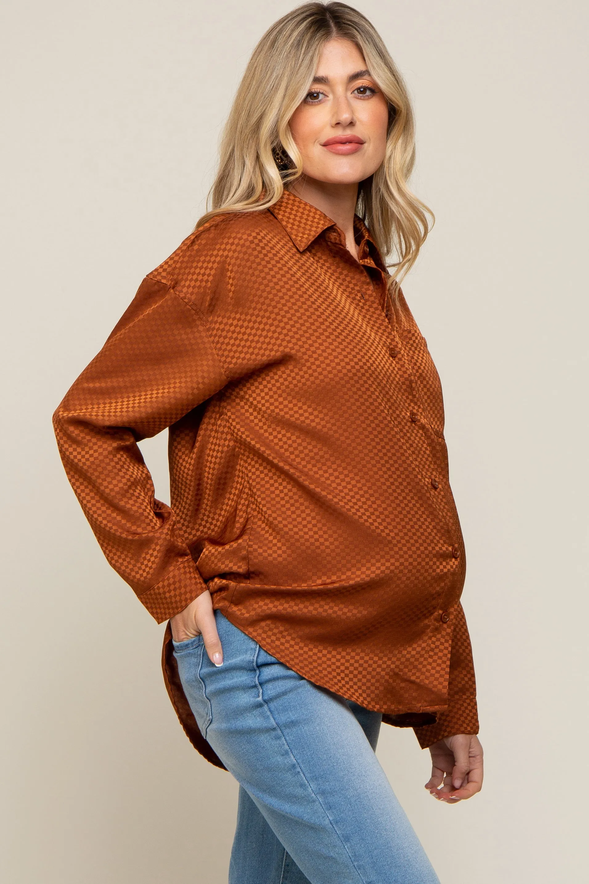 Rust Satin Checkered Print Maternity Blouse sold by Pinkblush product image thumbnail 2