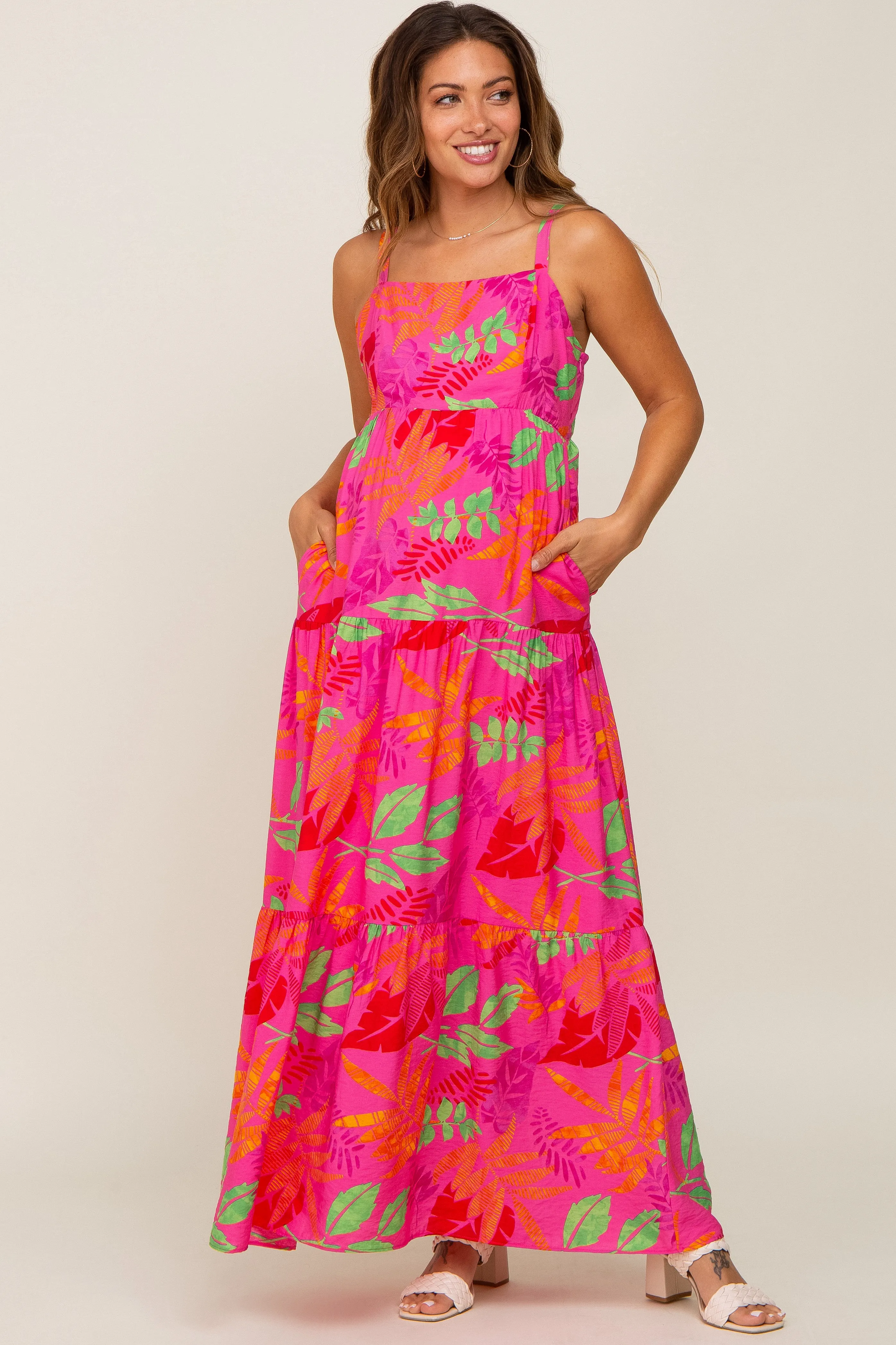 Fuchsia Tropical Leaf Print Maternity Maxi Dress sold by Pinkblush