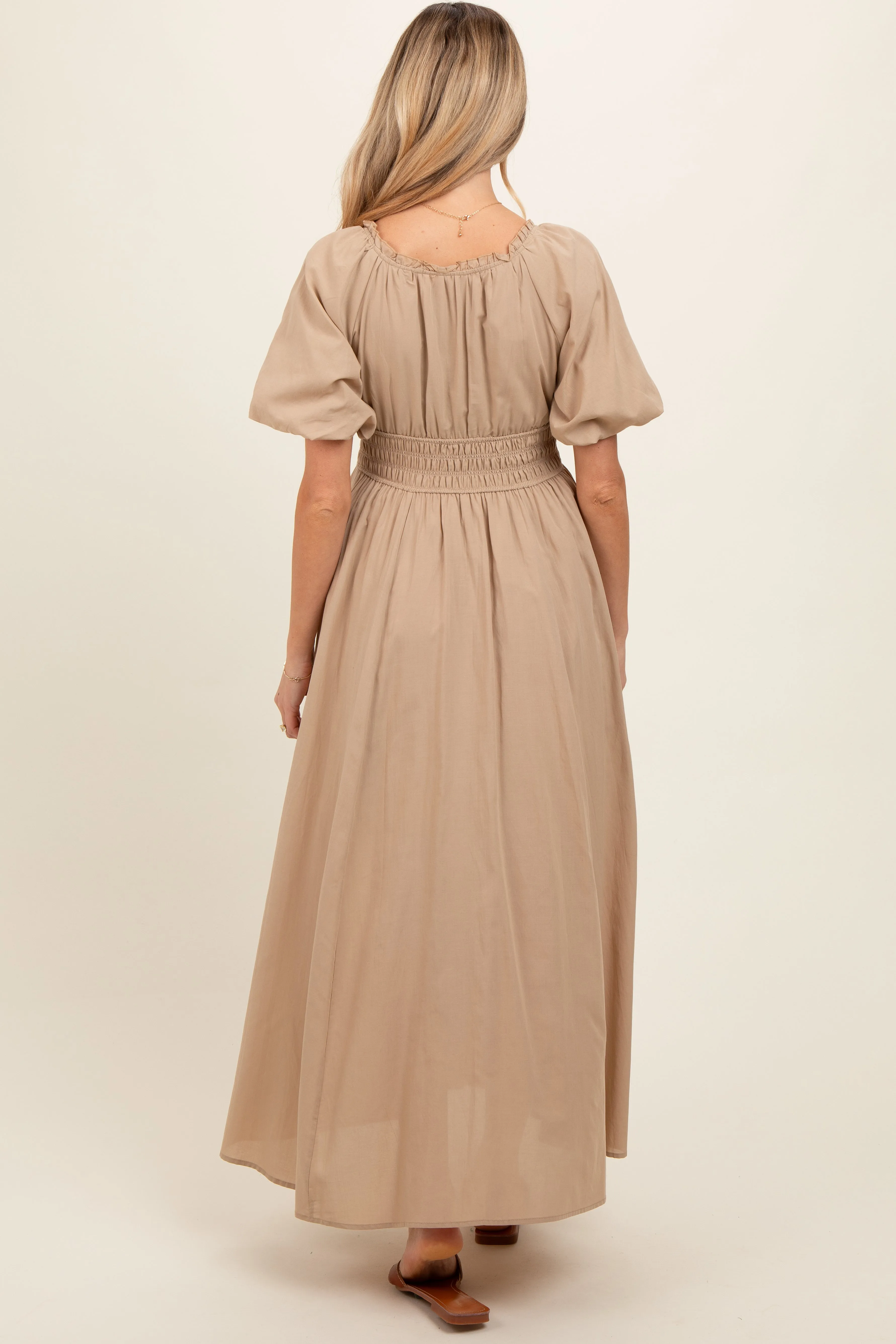 Taupe Smocked Puff Sleeve Maternity Maxi Dress sold by Pinkblush product image thumbnail 3