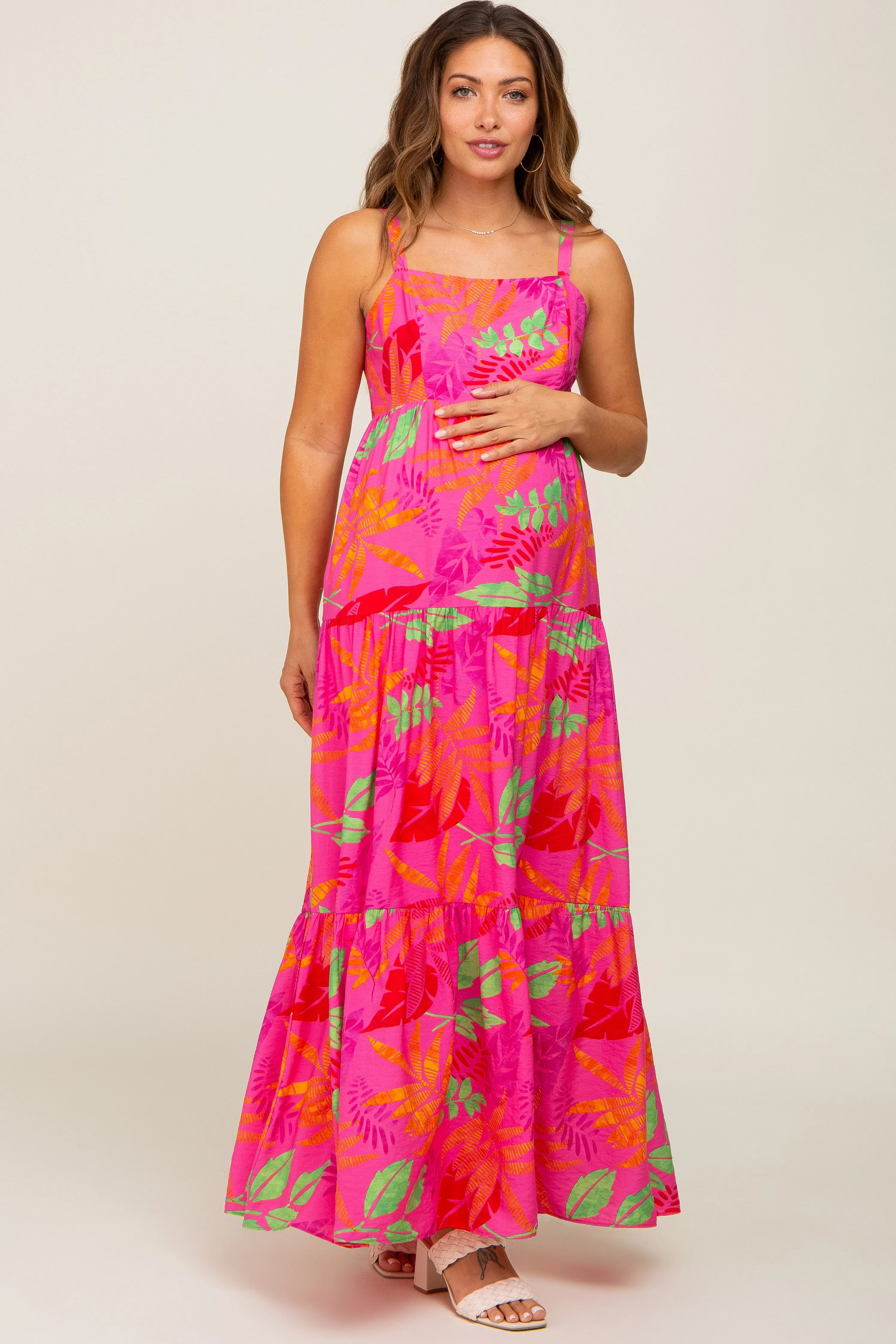Fuchsia Tropical Leaf Print Maternity Maxi Dress sold by Pinkblush product image thumbnail 5