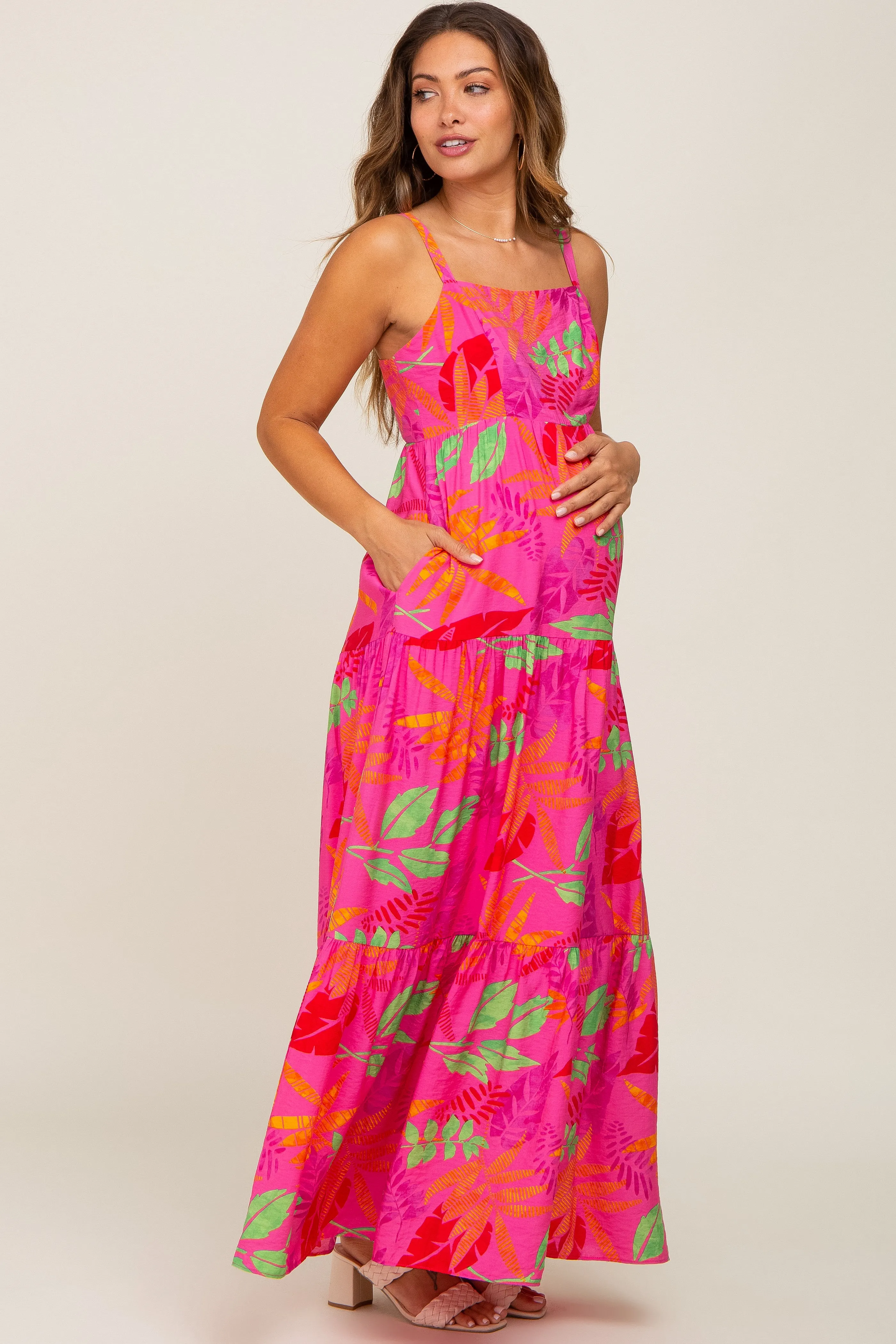 Fuchsia Tropical Leaf Print Maternity Maxi Dress sold by Pinkblush product image thumbnail 2