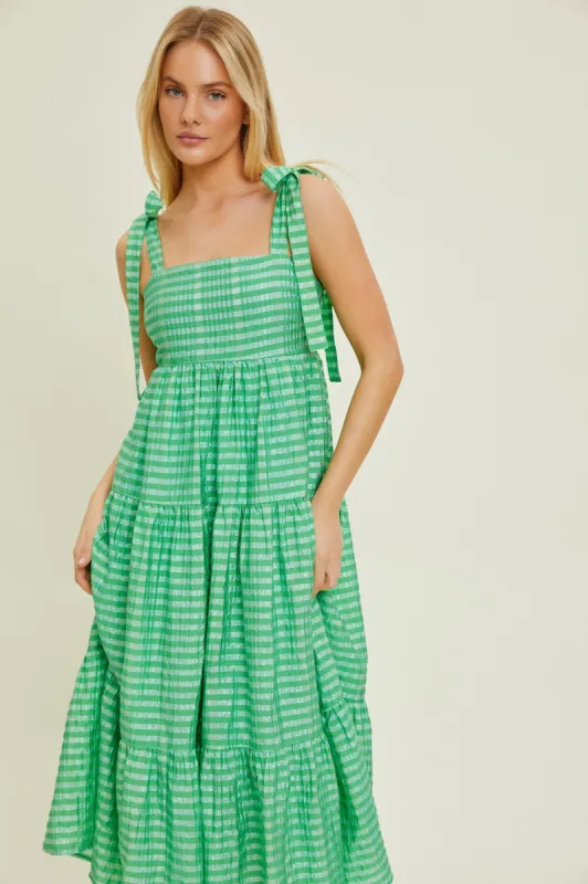 Green Gingham Shoulder Tie Dress sold by Pinkblush