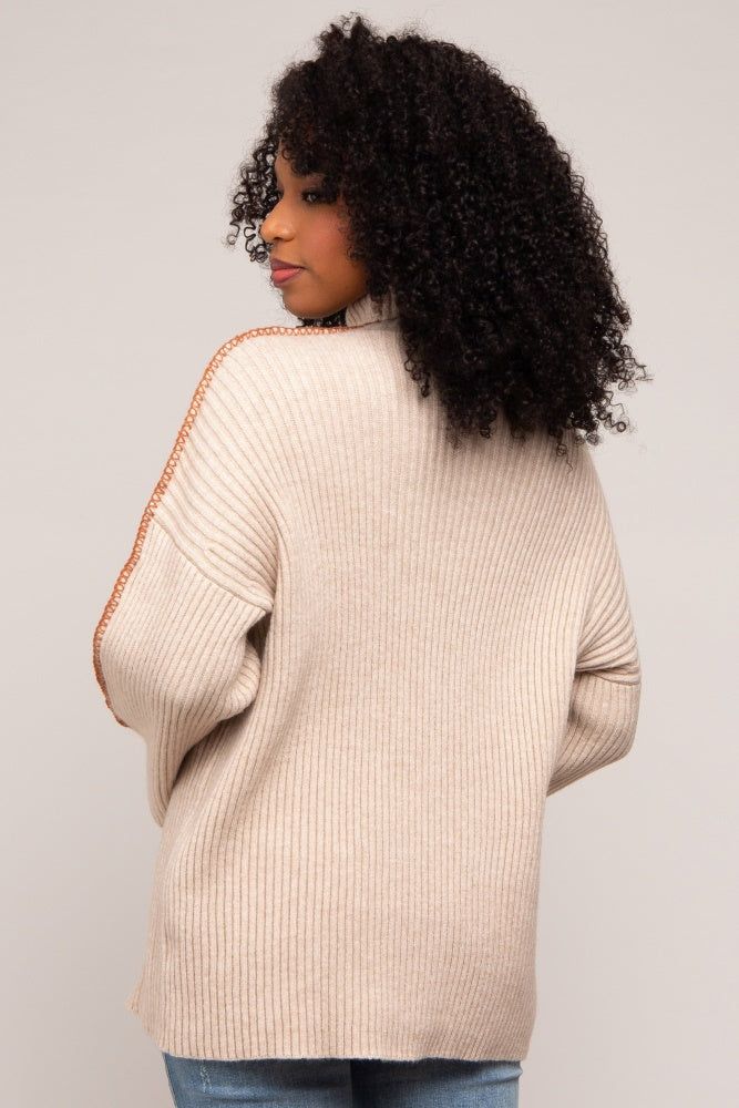 Beige Contrast Stitch Turtleneck Sweater sold by Pinkblush product image thumbnail 3