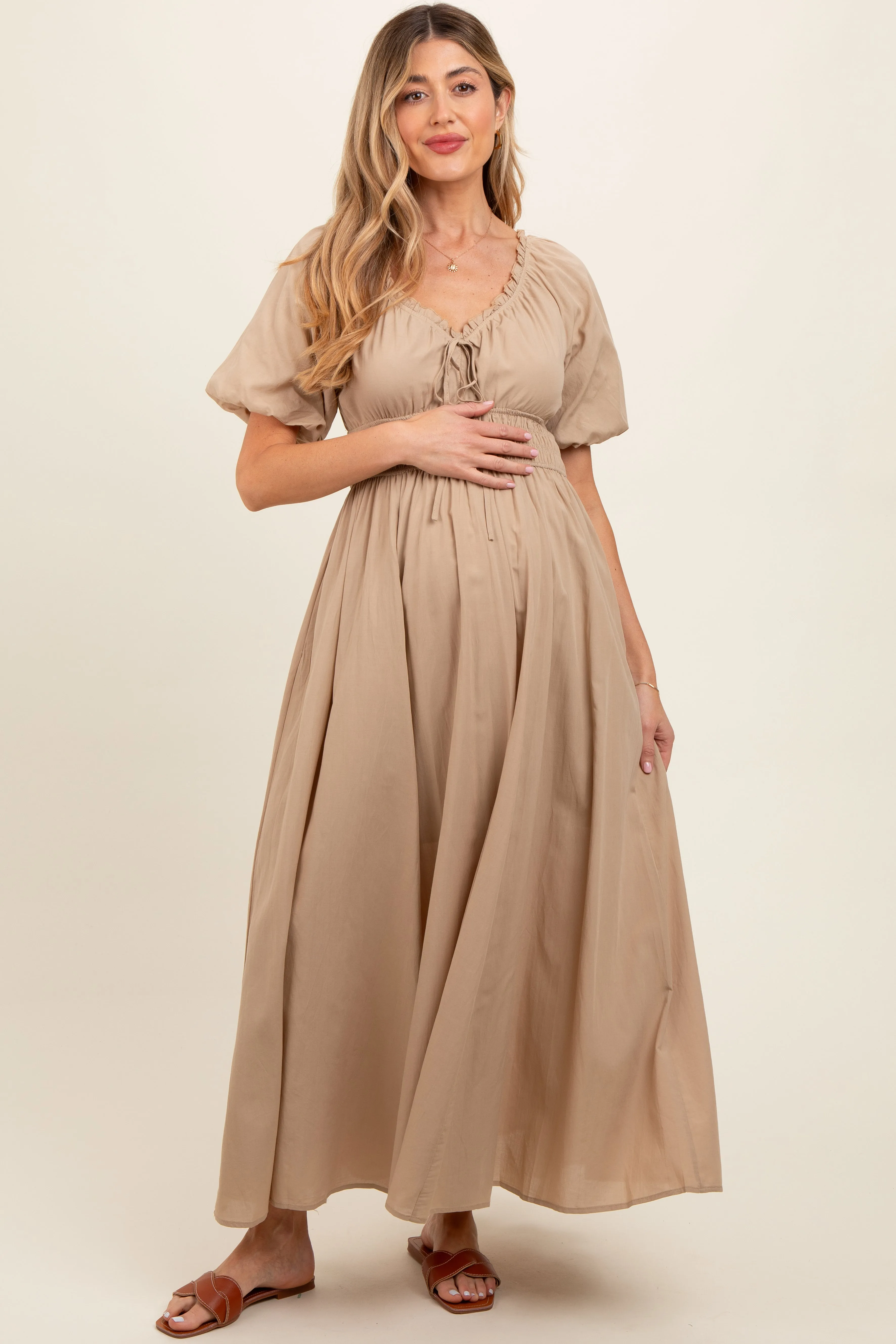 Taupe Smocked Puff Sleeve Maternity Maxi Dress sold by Pinkblush