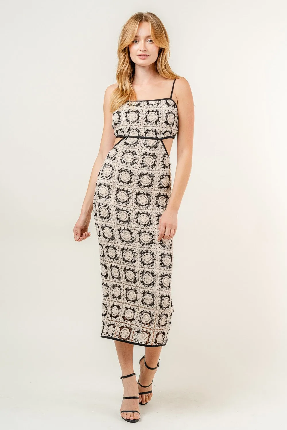 Natural Black Crochet Tile Print Open Back Midi Dress sold by Pinkblush product image thumbnail 2