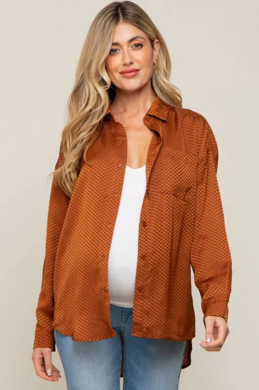 Rust Satin Checkered Print Maternity Blouse sold by Pinkblush