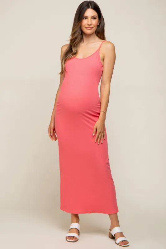 Coral Ribbed Sleeveless Maternity Maxi Dress sold by Pinkblush
