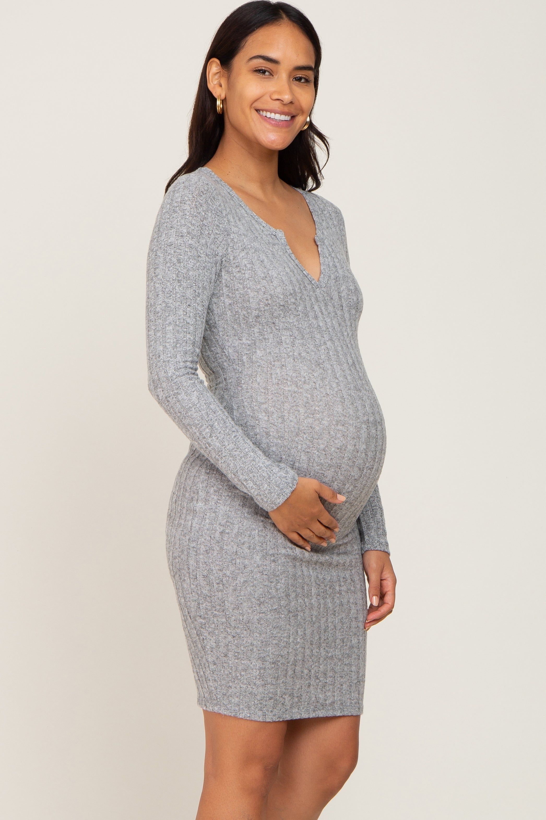 Heather Grey Soft Ribbed Long Sleeve Maternity Midi Dress sold by Pinkblush product image thumbnail 2