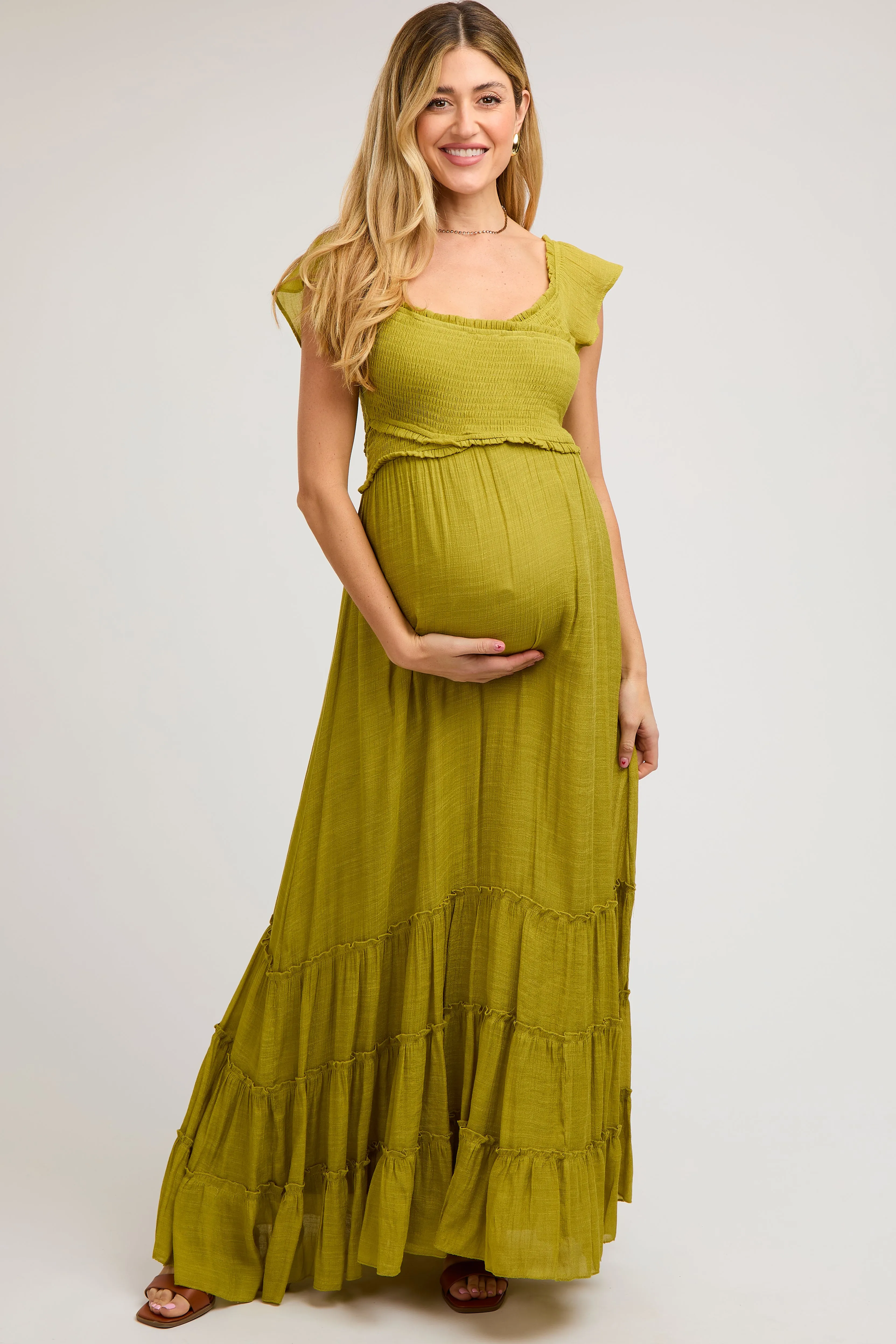 Lime Smocked Crossover Off Shoulder Maternity Maxi Dress sold by Pinkblush