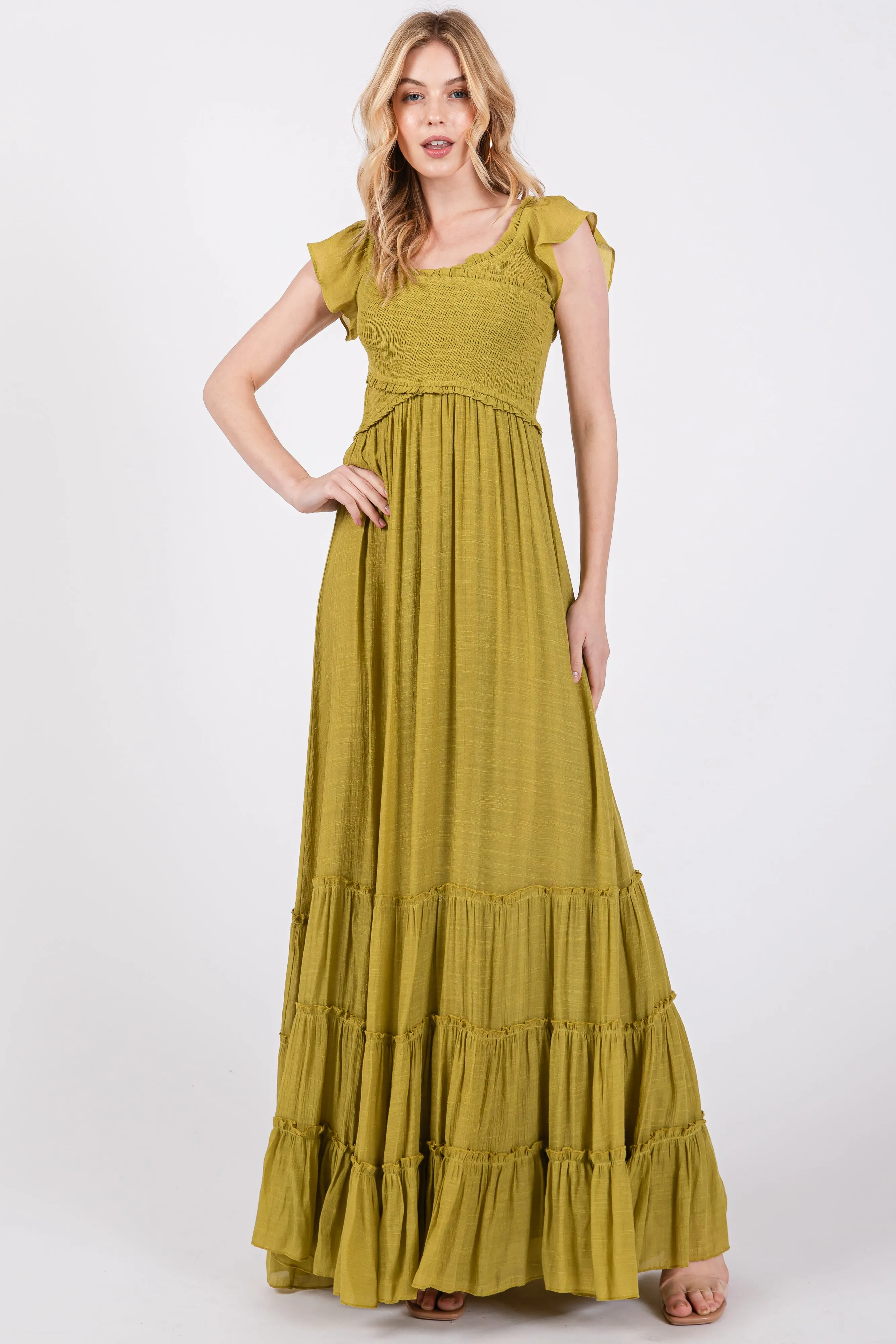 Lime Smocked Crossover Off Shoulder Maternity Maxi Dress sold by Pinkblush product image thumbnail 5