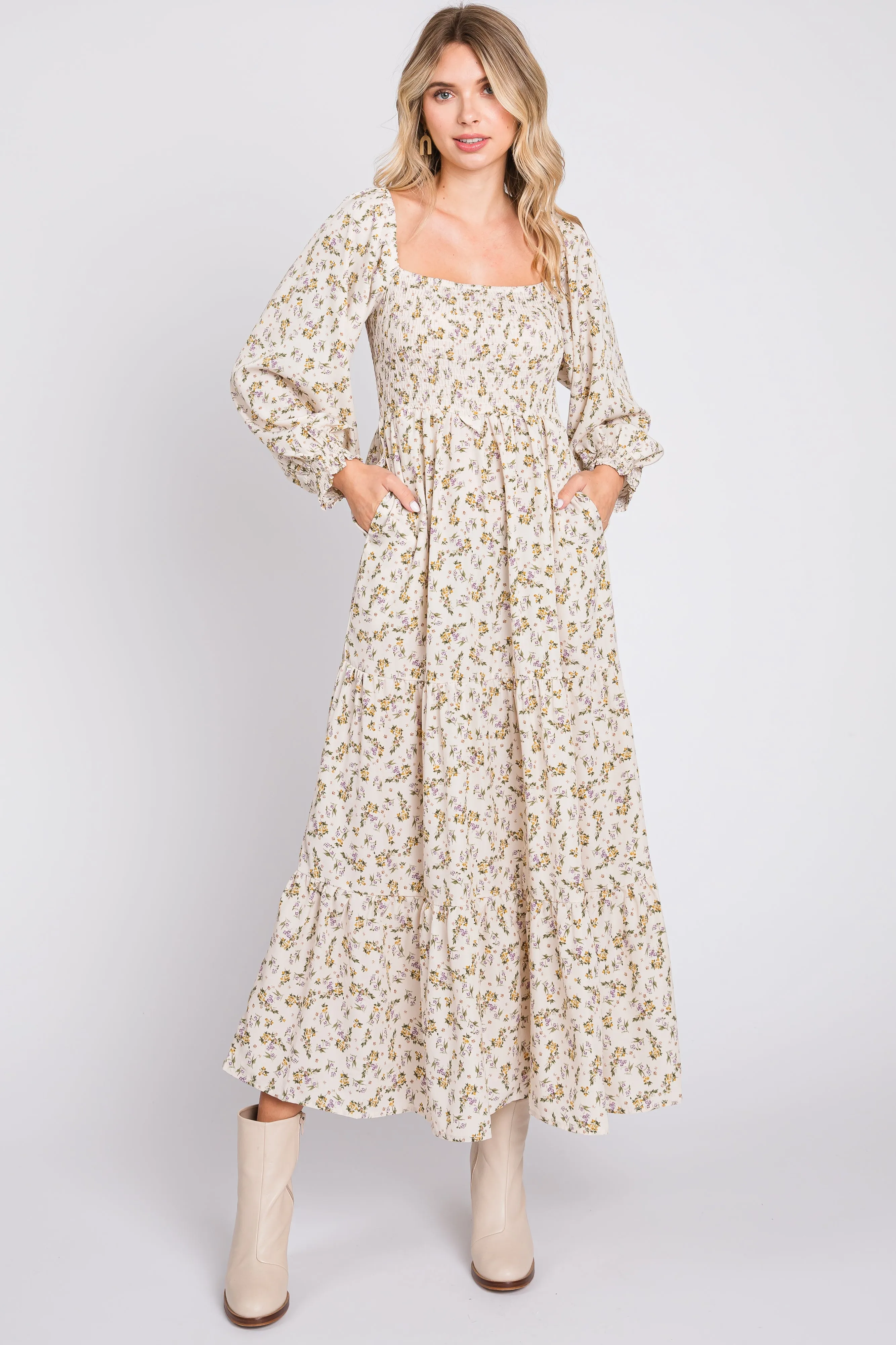 Cream Floral Smocked Long Sleeve Maxi Dress sold by Pinkblush