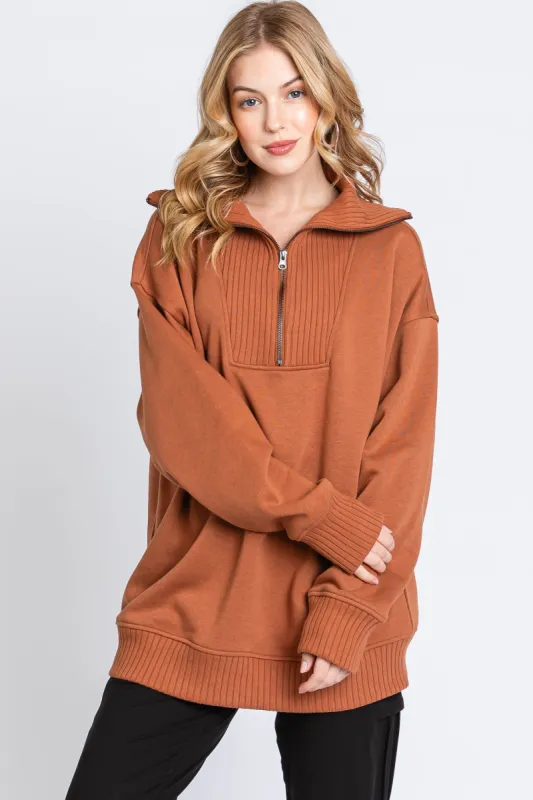 Camel High-Neck Fleece Pullover sold by Pinkblush