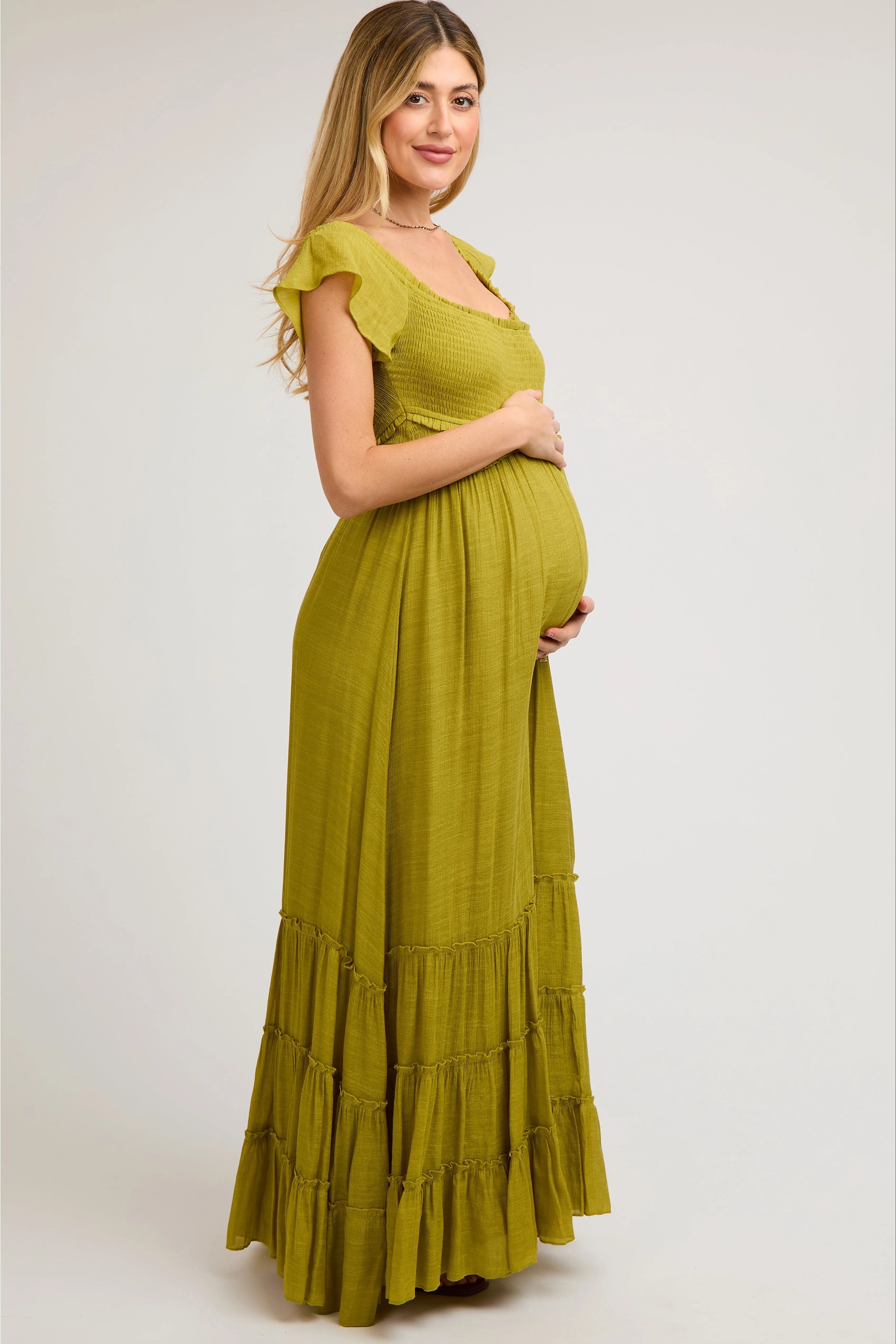 Lime Smocked Crossover Off Shoulder Maternity Maxi Dress sold by Pinkblush product image thumbnail 3