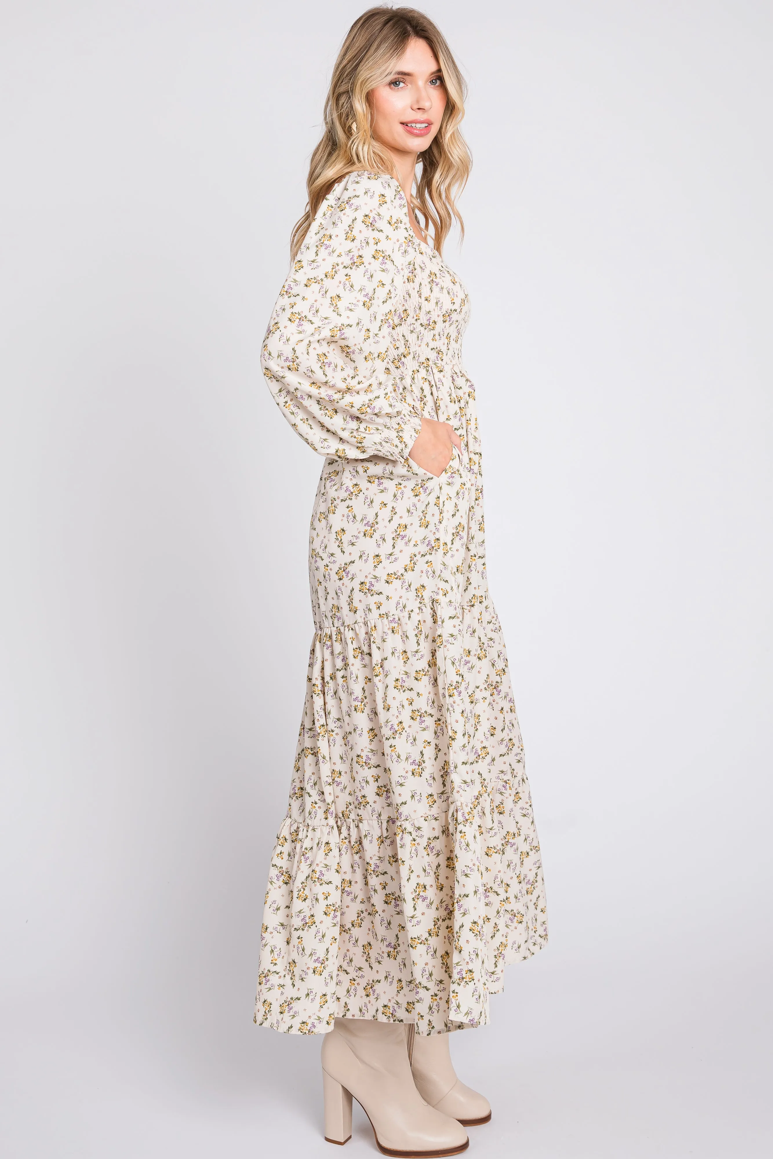 Cream Floral Smocked Long Sleeve Maxi Dress sold by Pinkblush product image thumbnail 2
