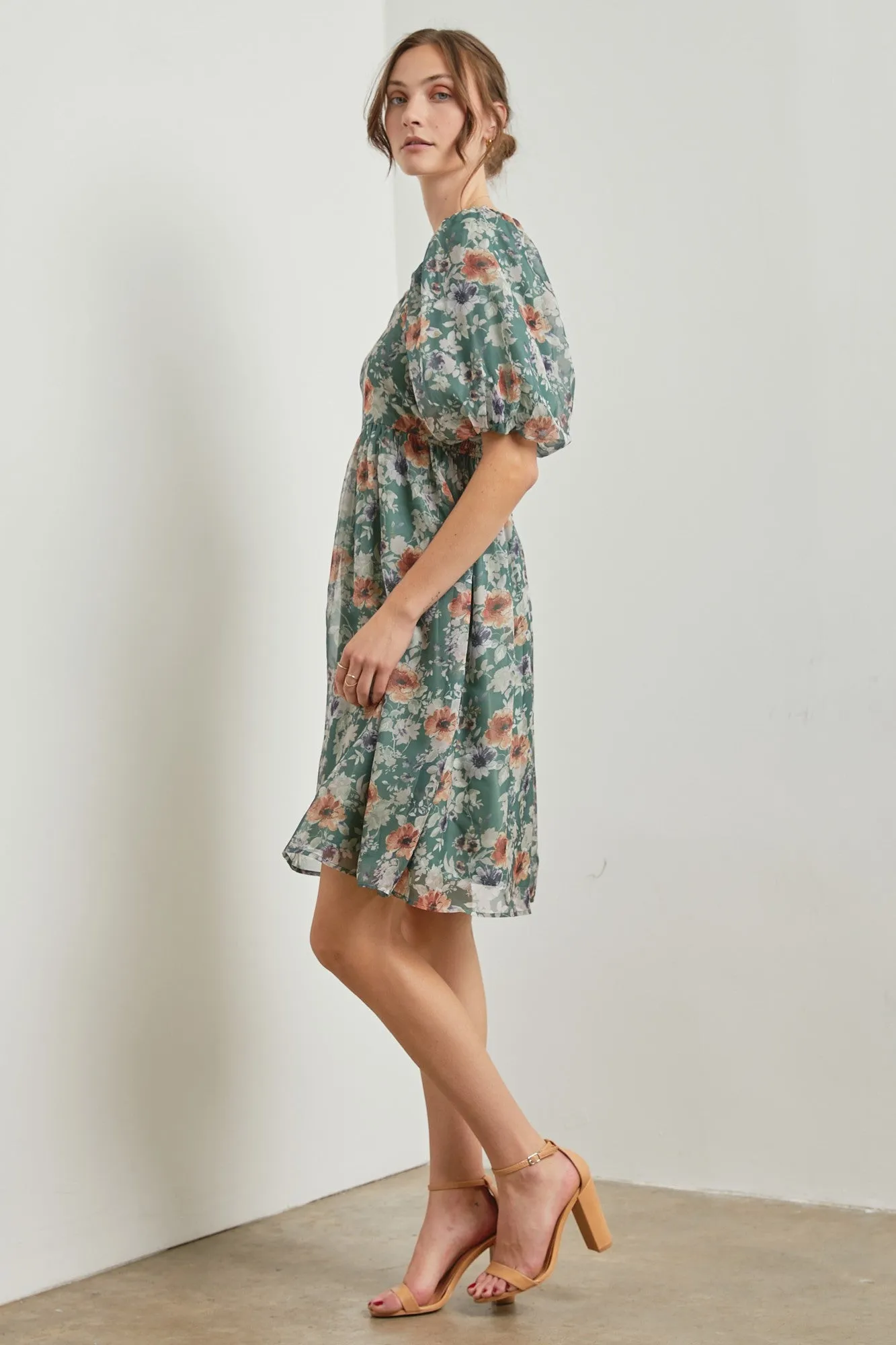 Green Floral Puff Sleeve Dress sold by Pinkblush product image thumbnail 3