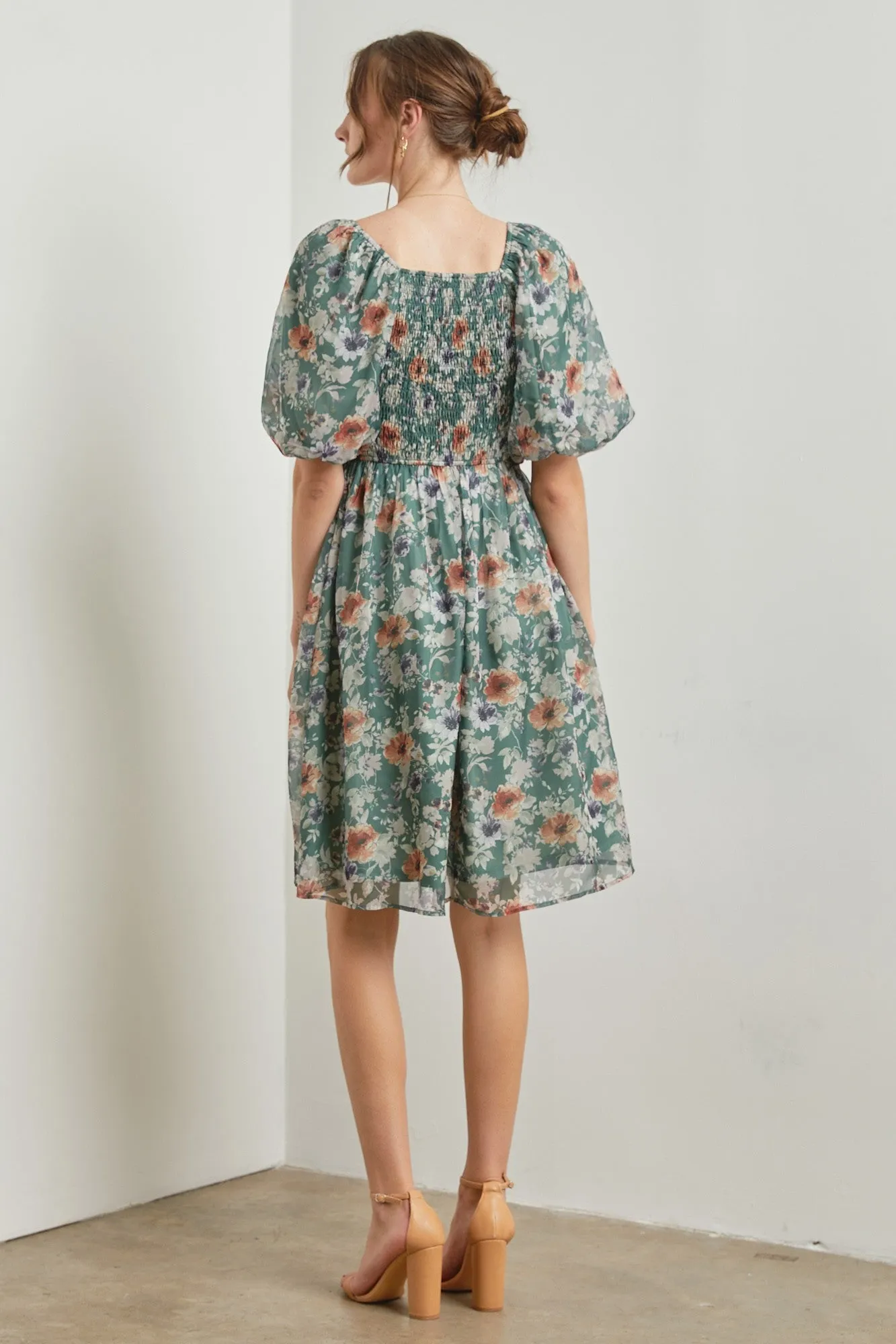 Green Floral Puff Sleeve Dress sold by Pinkblush product image thumbnail 4