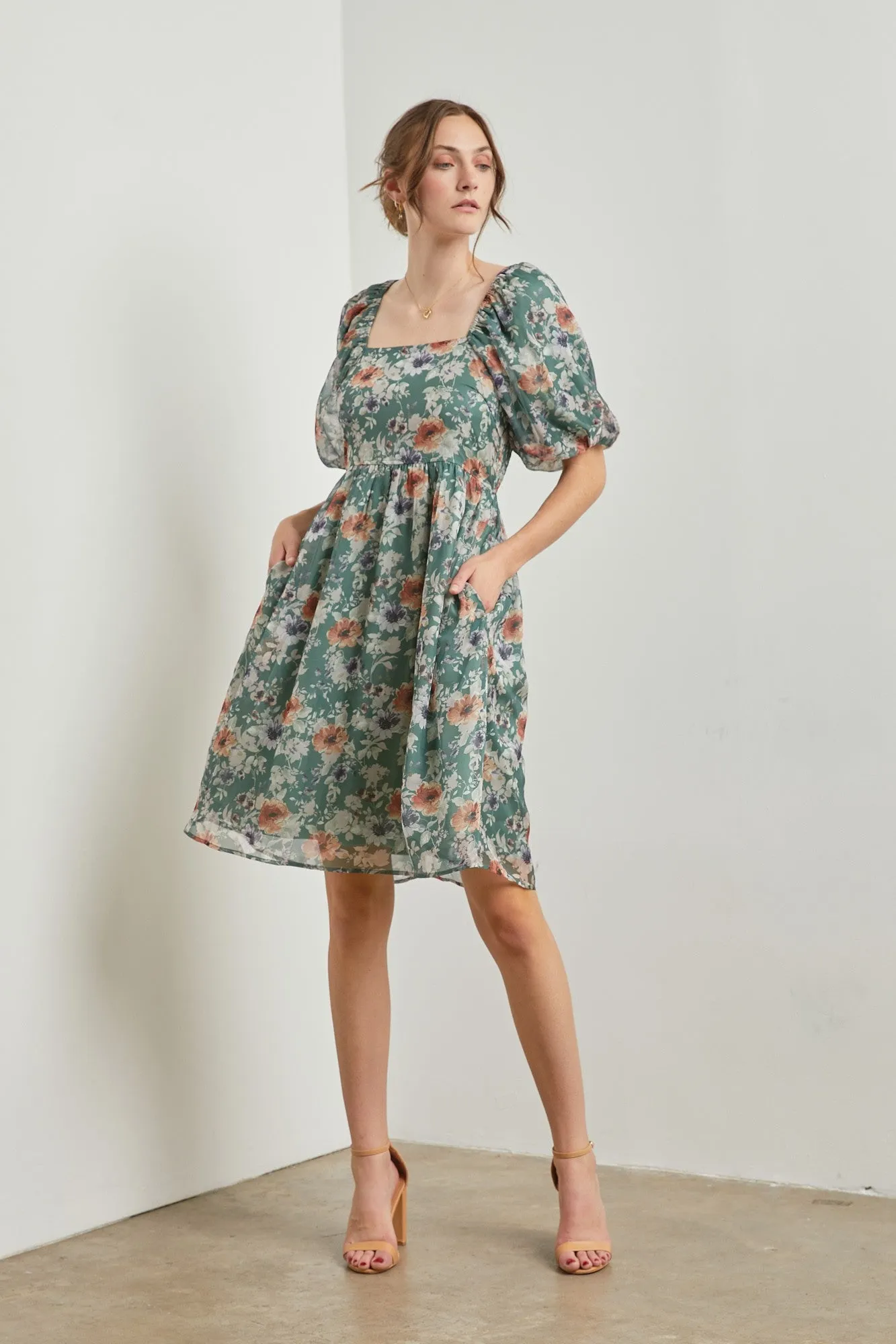 Green Floral Puff Sleeve Dress sold by Pinkblush product image thumbnail 2