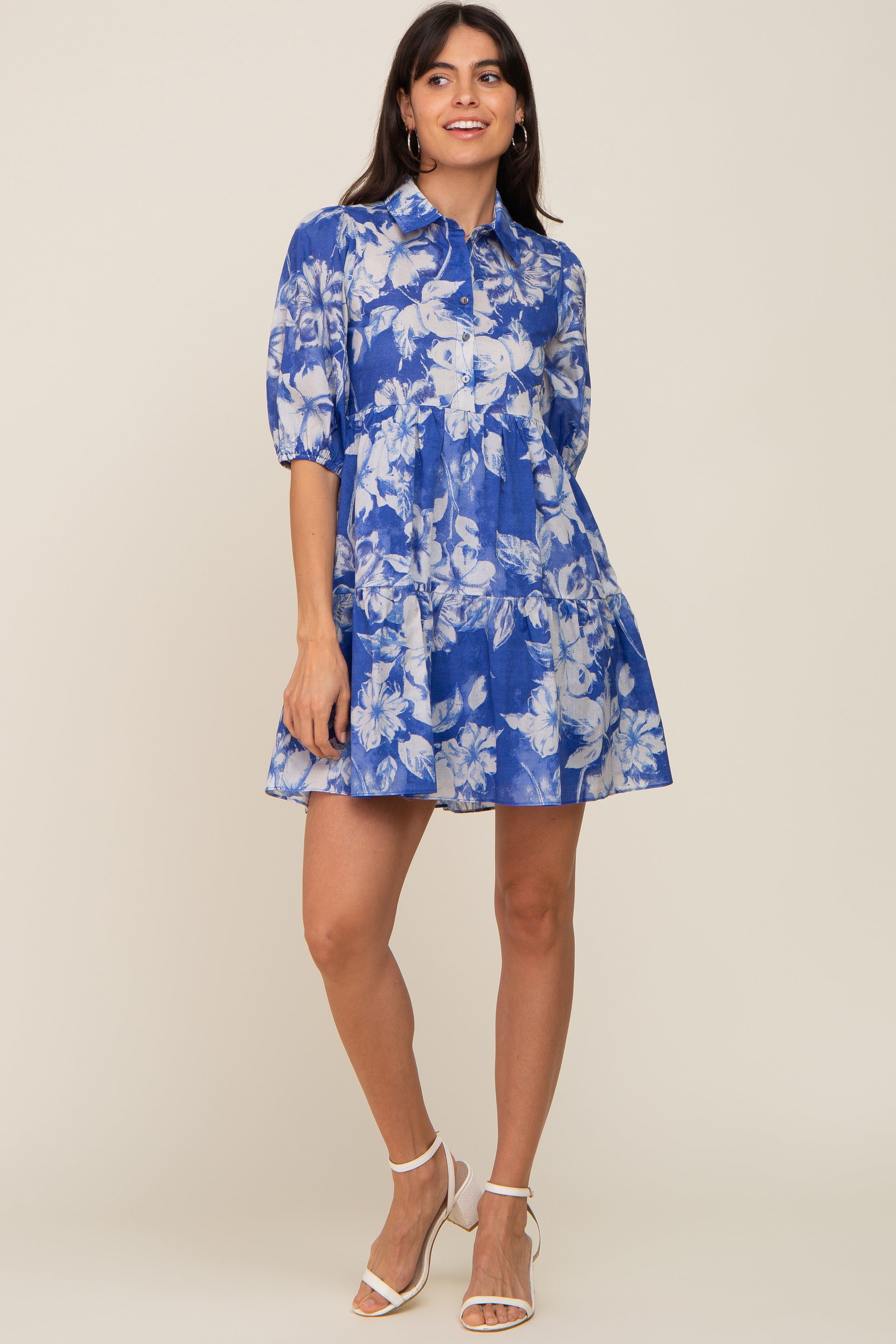 Royal Blue Floral Collared Puff Sleeve Dress sold by Pinkblush product image thumbnail 5