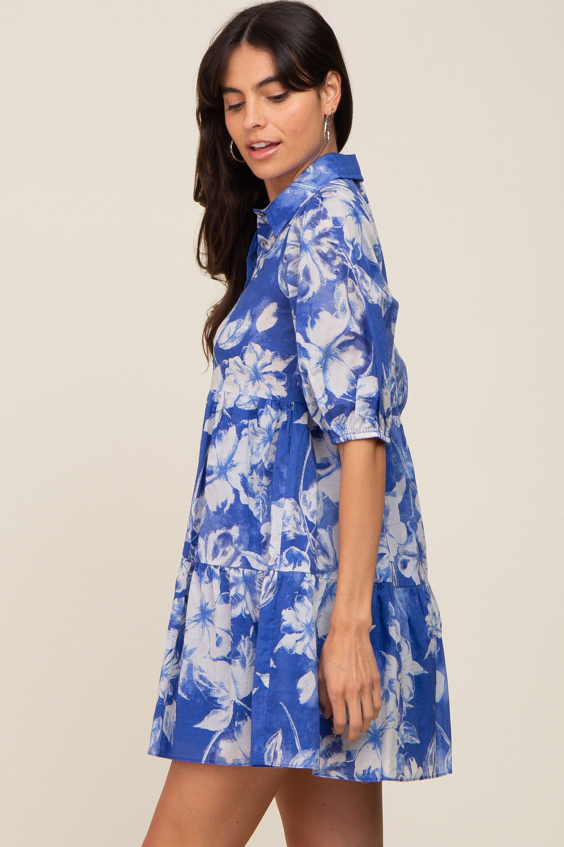 Royal Blue Floral Collared Puff Sleeve Dress sold by Pinkblush product image thumbnail 2