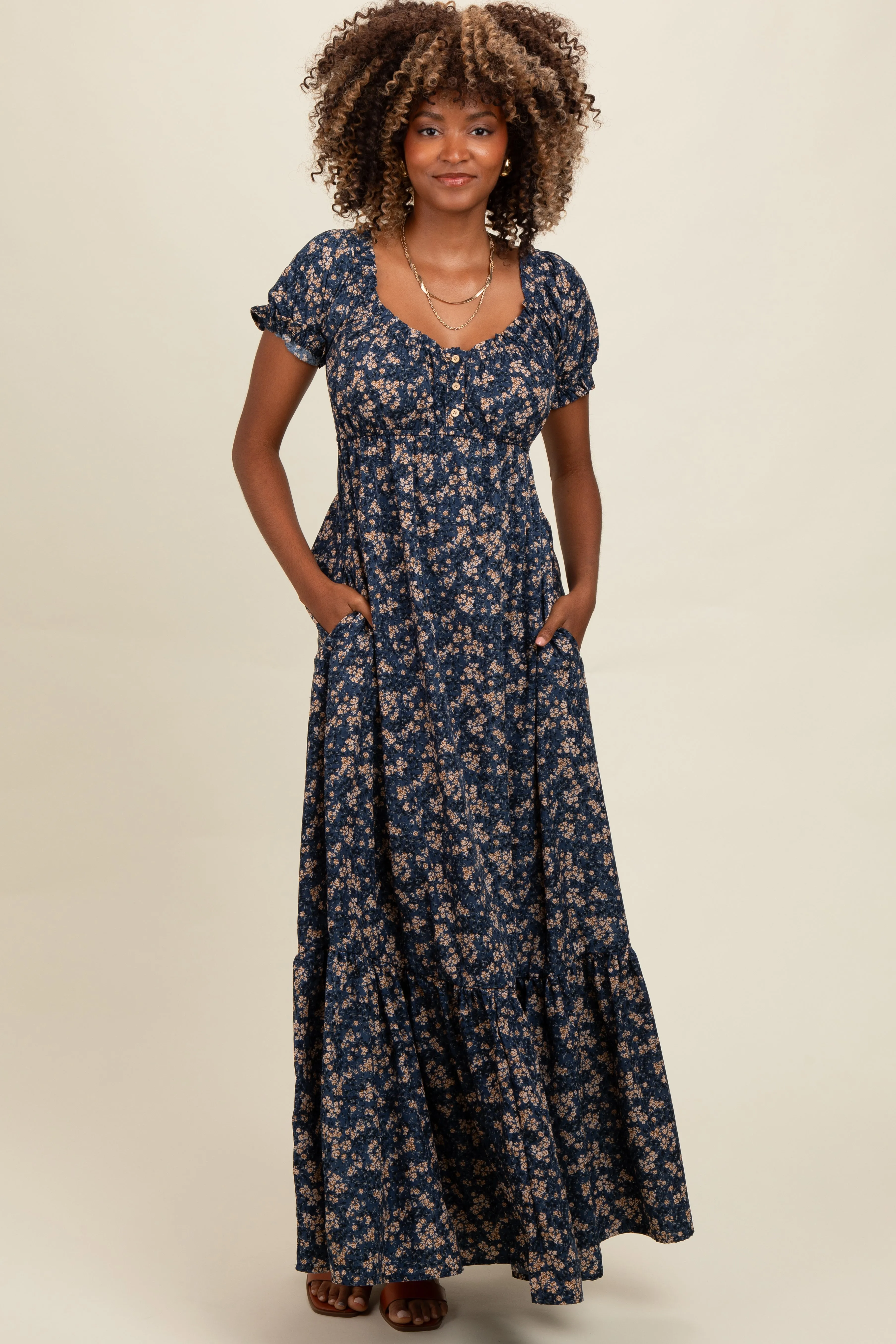 Navy Blue Floral Button Accent Maxi Dress sold by Pinkblush