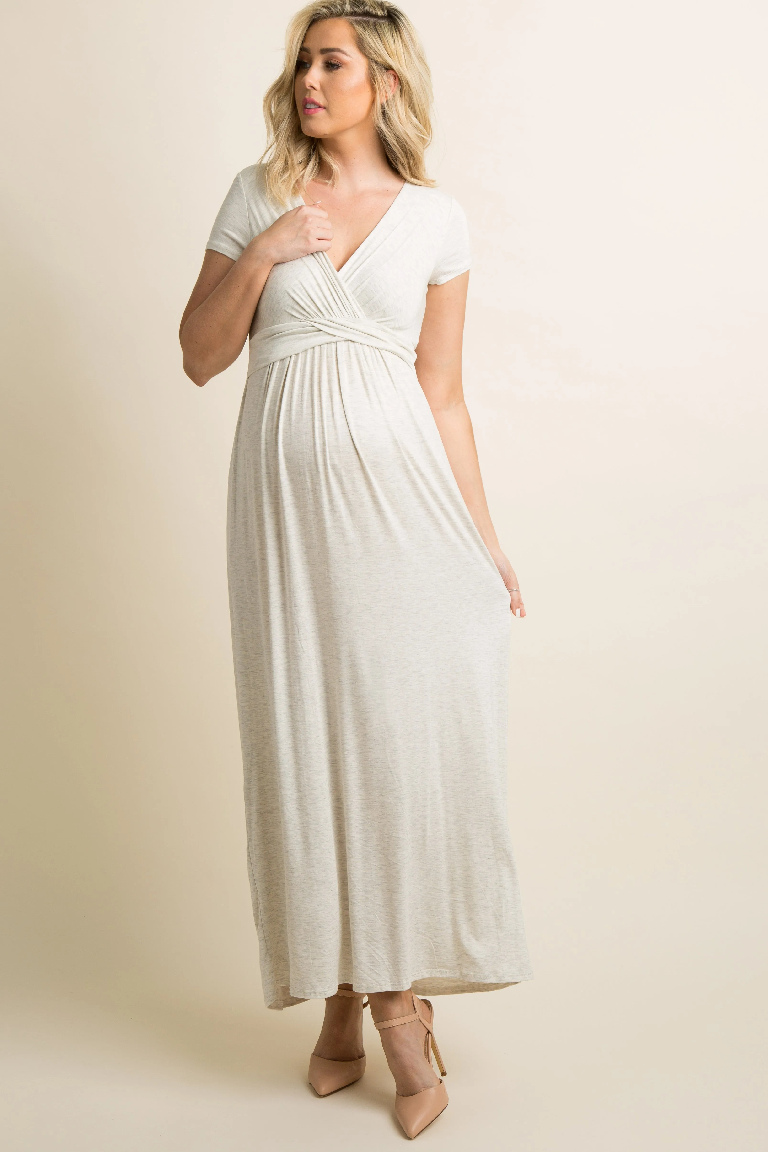 PinkBlush Petite Beige Draped Maternity/Nursing Maxi Dress sold by Pinkblush product image thumbnail 4