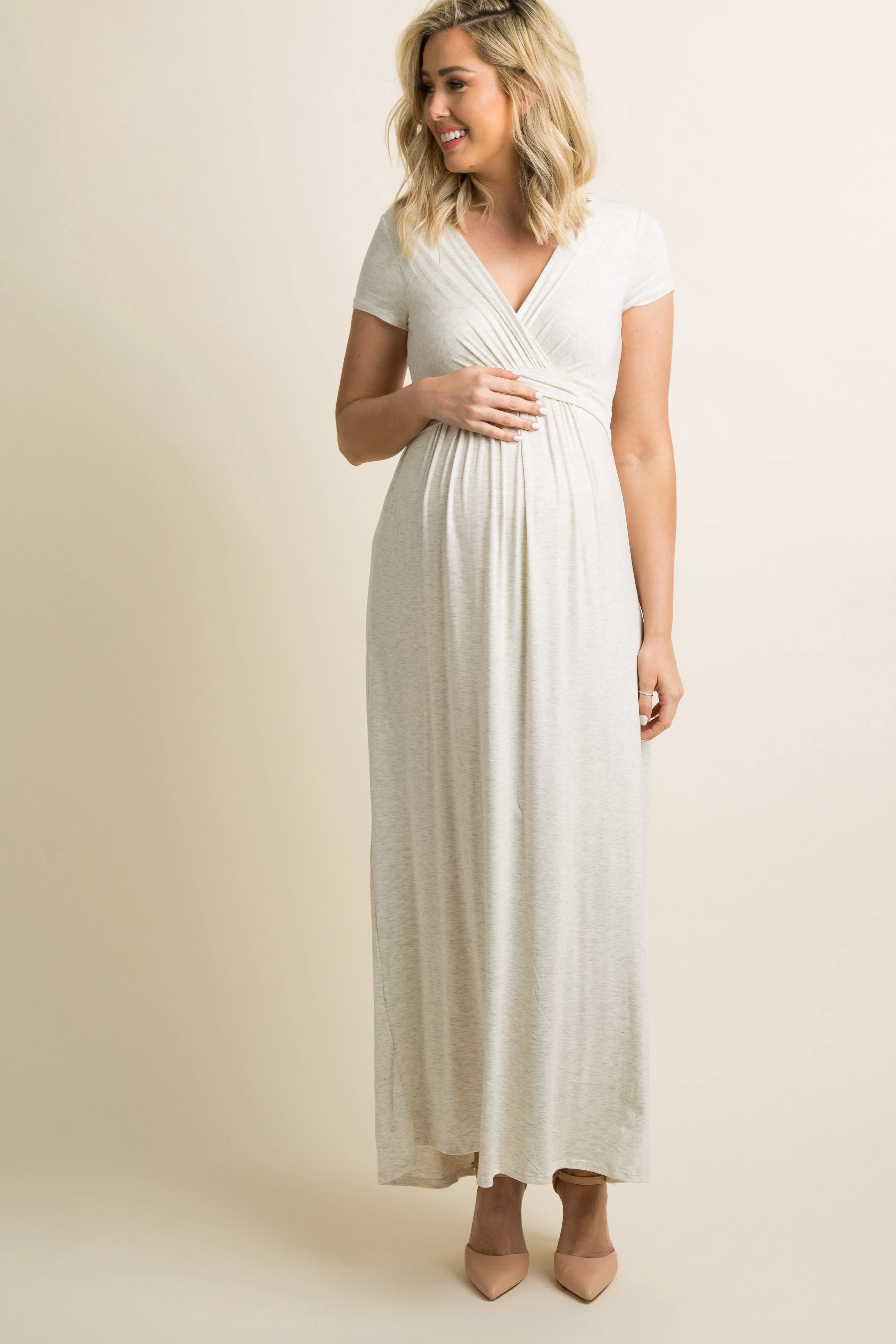 PinkBlush Petite Beige Draped Maternity/Nursing Maxi Dress sold by Pinkblush