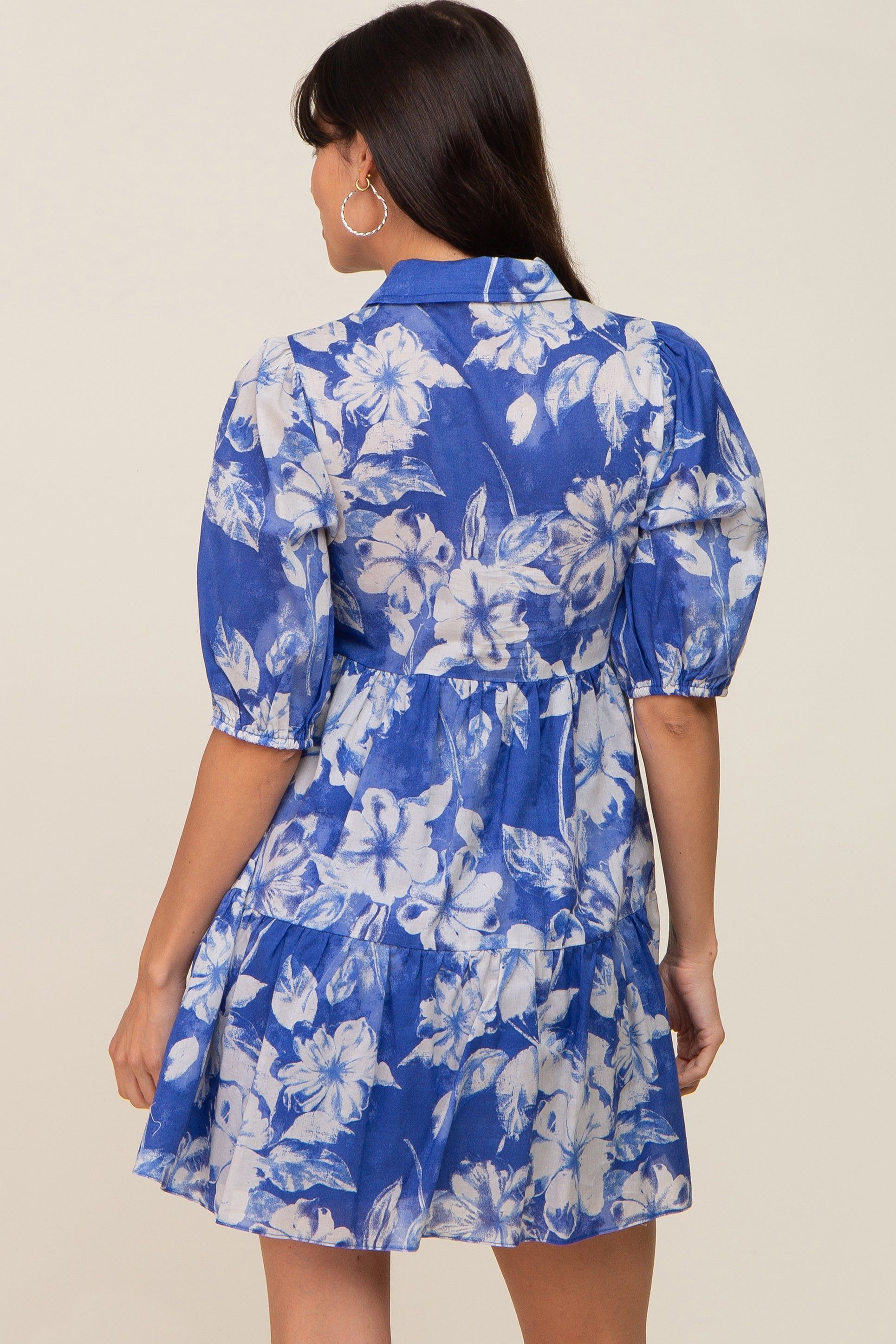 Royal Blue Floral Collared Puff Sleeve Dress sold by Pinkblush product image thumbnail 3