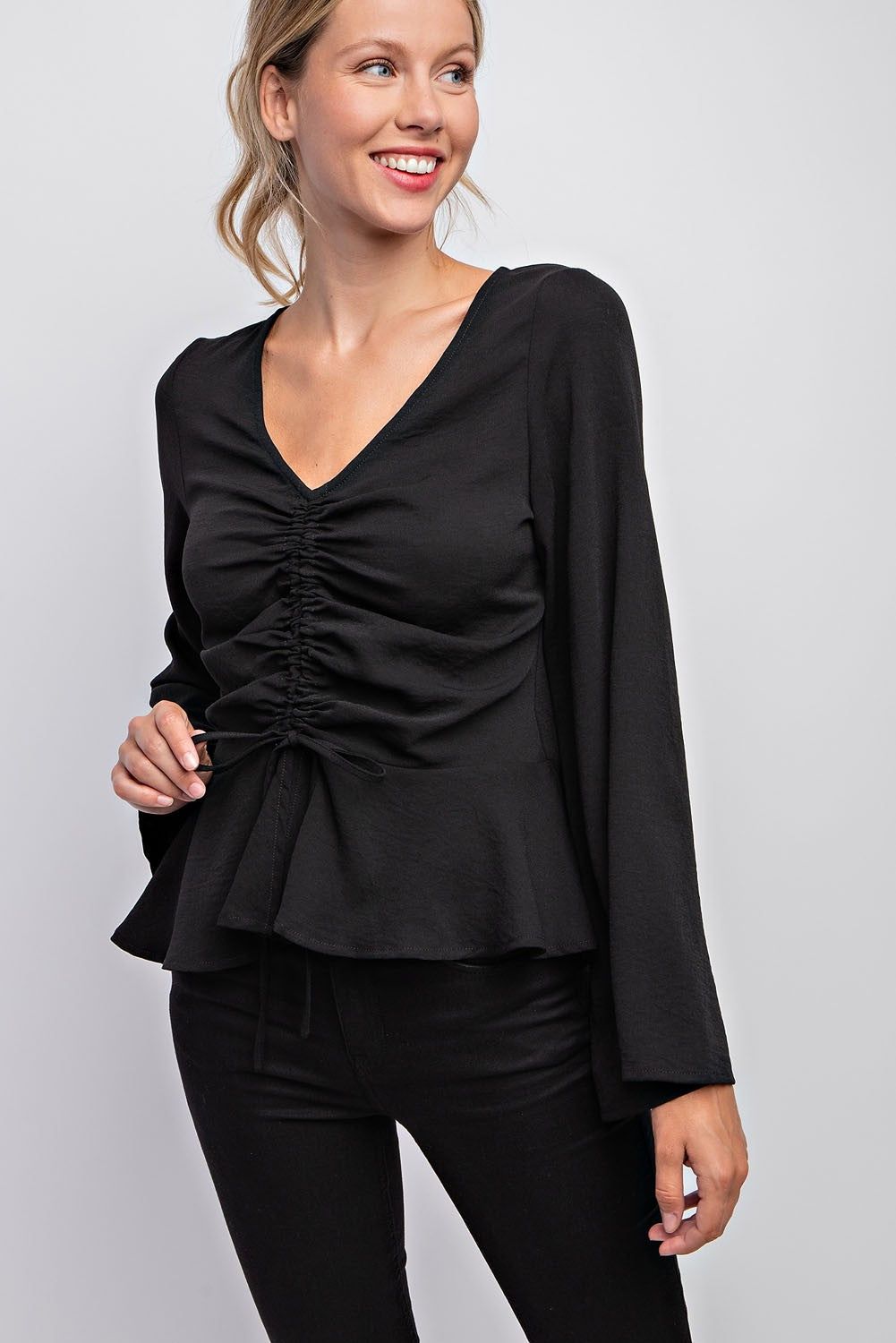 Black Bell Sleeve Ruffle Top sold by Pinkblush