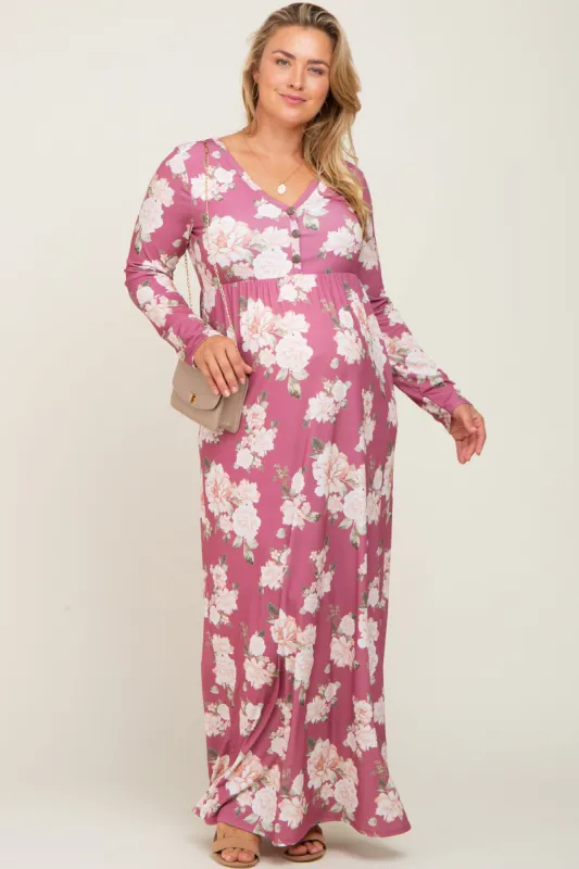 Mauve Floral Button Front Maternity Plus Maxi Dress sold by Pinkblush