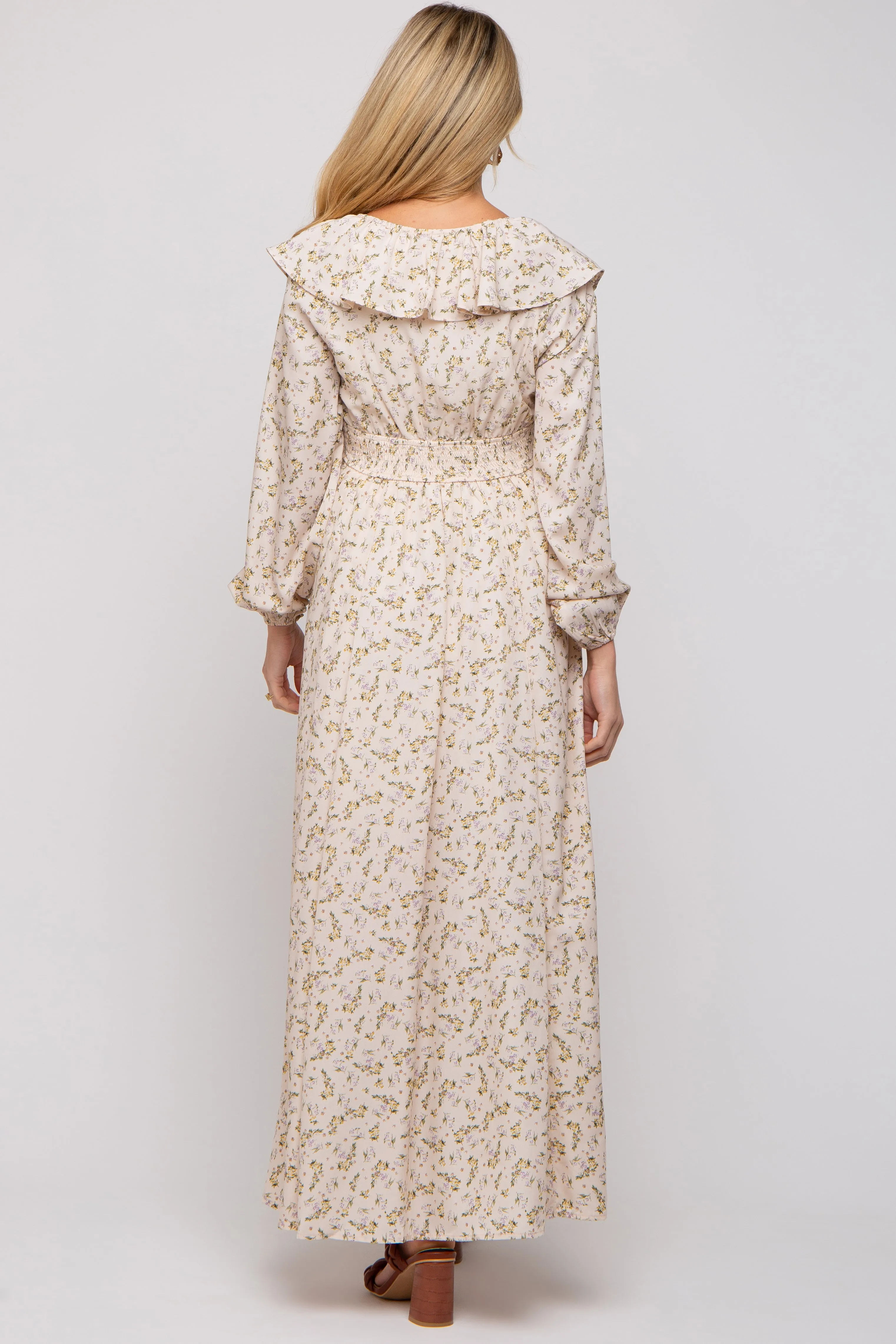 Cream Floral Ruffle V-Neck Wrap Front Maternity Maxi Dress sold by Pinkblush product image thumbnail 4